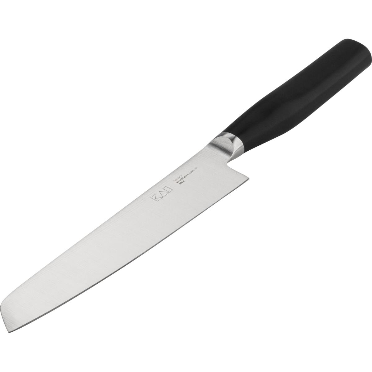 Ein Messer mit Edelstahl- und schwarzem Griff. Die Klinge ist silberfarben und der Griff schwarz.