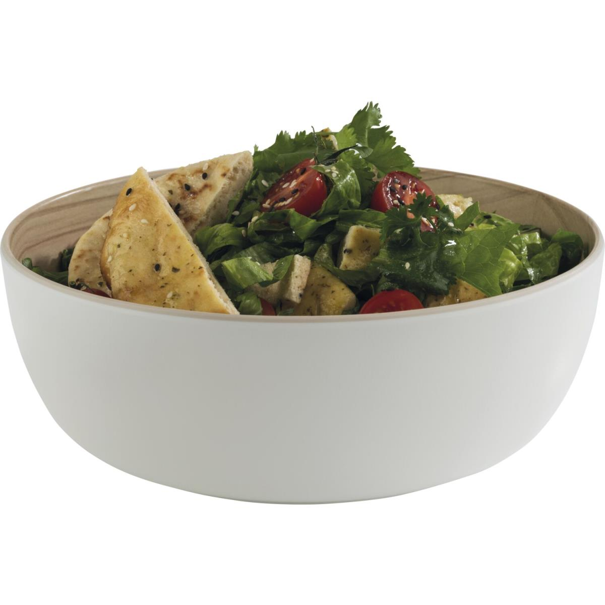 Salatschüssel mit weißer Außenseite und holzähnlichem Innenrand. Enthält Salat.