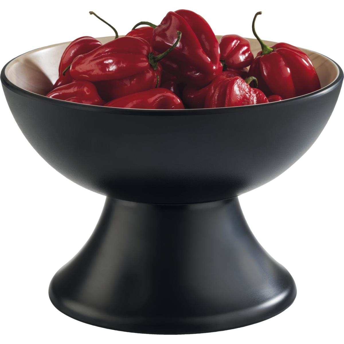 Schwarze Schüssel mit rotem Habanero-Pfeffer. Der Schüsselinnenraum ist beige.
