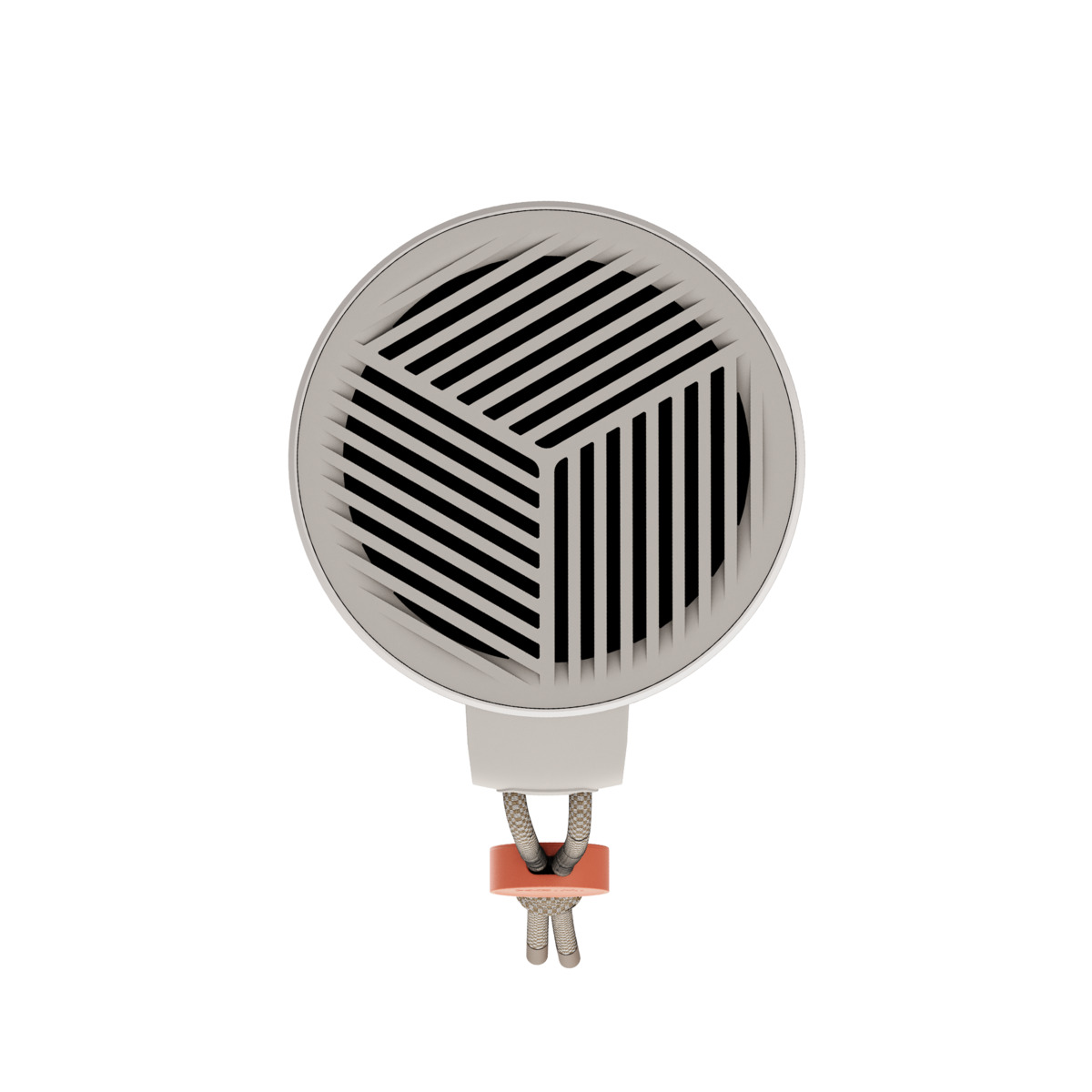 Okrągły głośnik z szarą obudową, czarnym grillem i pomarańczowym akcentem. Wisi na sznurku.