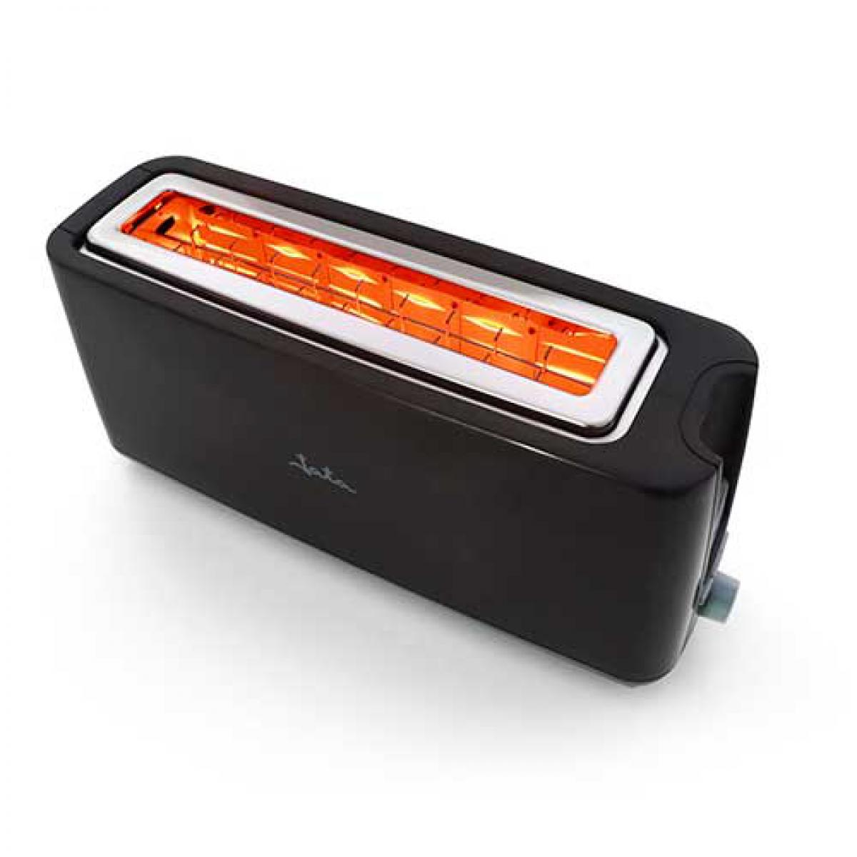 Tostadora negra con borde plateado alrededor de los elementos calefactores, iluminada con luz naranja.