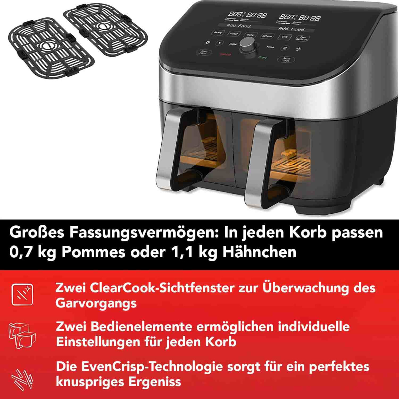 INSTANT POT  Vortex Plus Dual ClearCook 7,6L - Airfryer - STAINLESS STEEL - 7.5 l - 1700 W - Number of baskets: 2