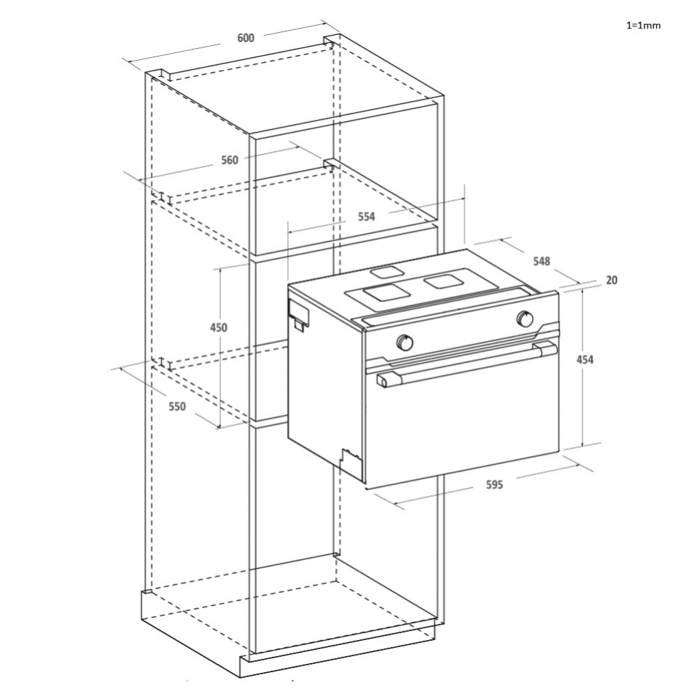 Diagram van een inbouwoven, met afmetingen en plaatsing in een kast.