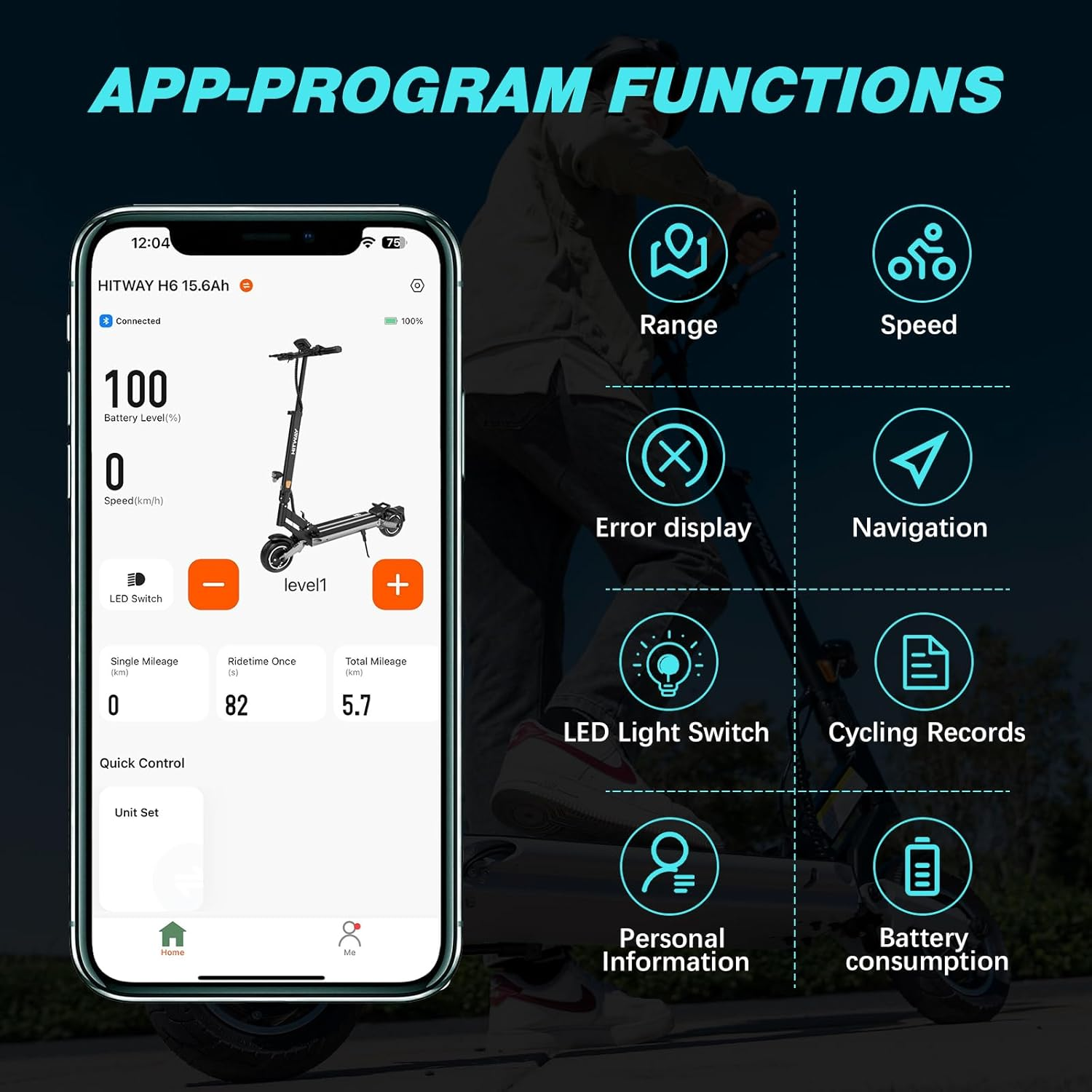 Smartphone screen displaying app with functions: range, speed, error display, and more.