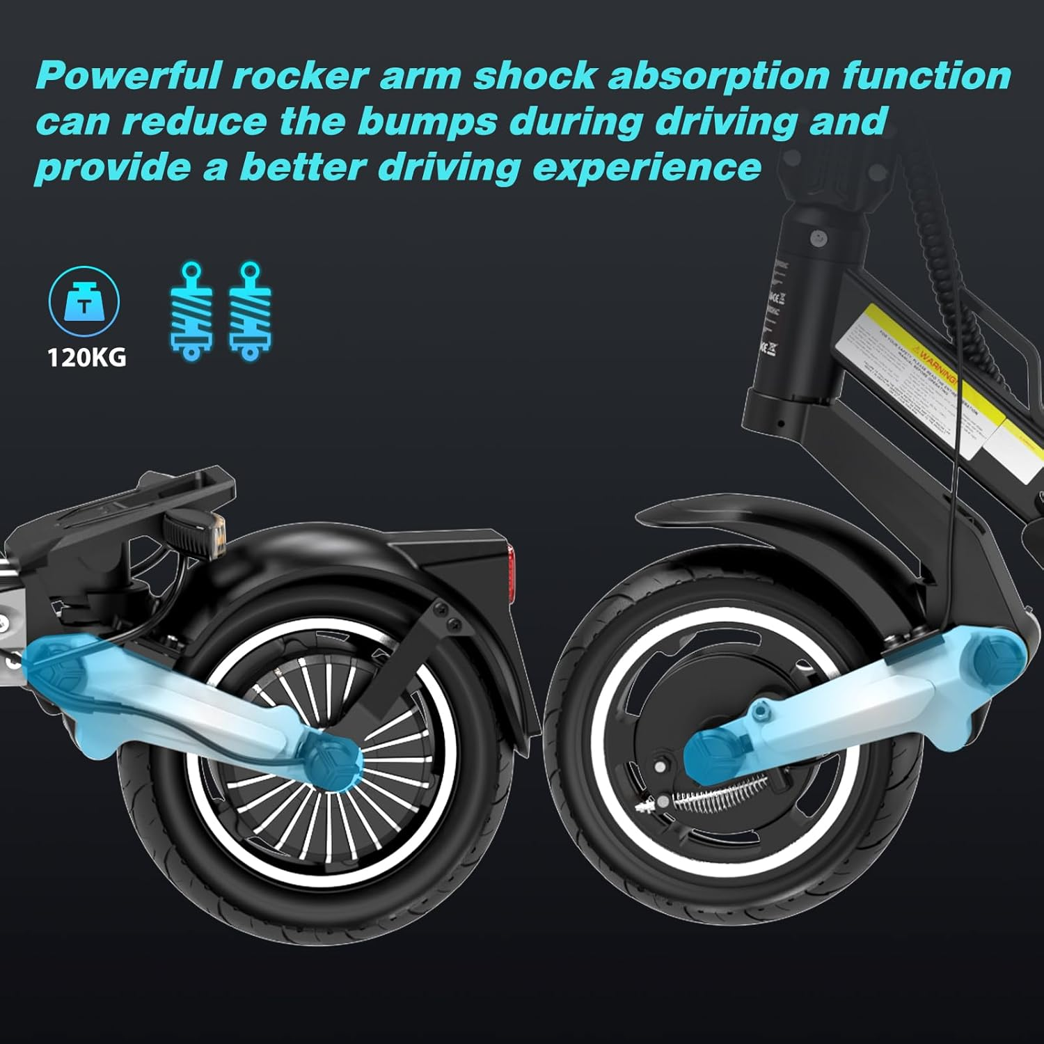 Electric scooter details showing the suspension system and wheels on a black background.