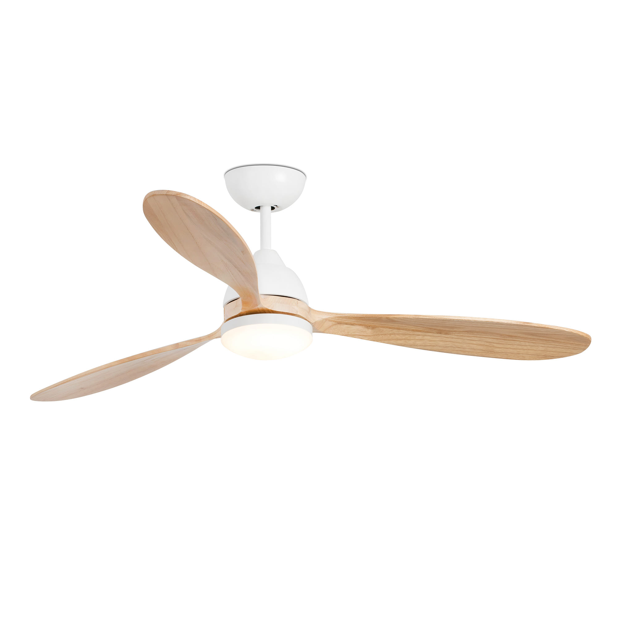 Ventilatore da soffitto con tre pale in legno e un motore bianco, montato su un soffitto bianco.