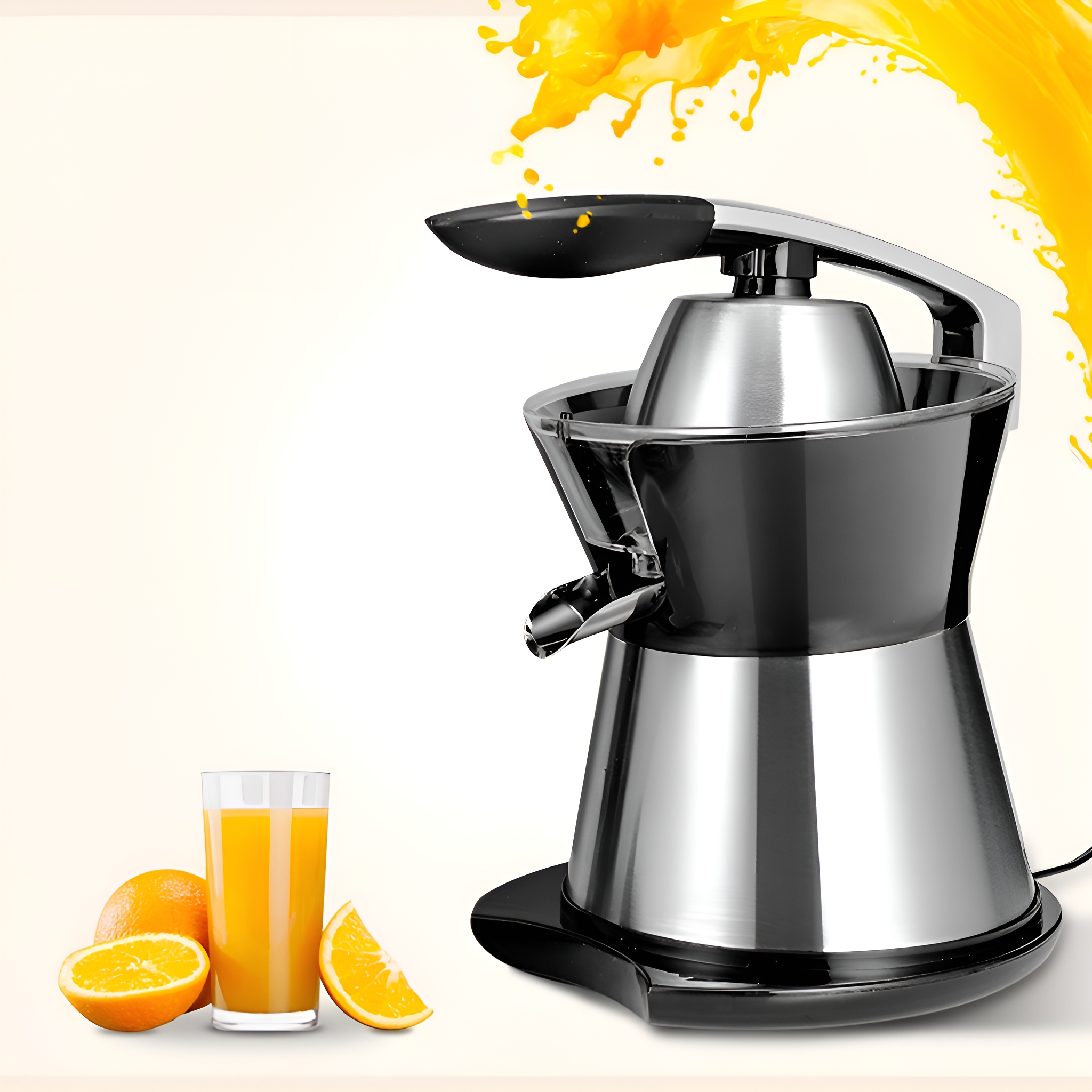 Ein elektrischer Entsafter mit Orangensaft, Orangen und einem Glas.