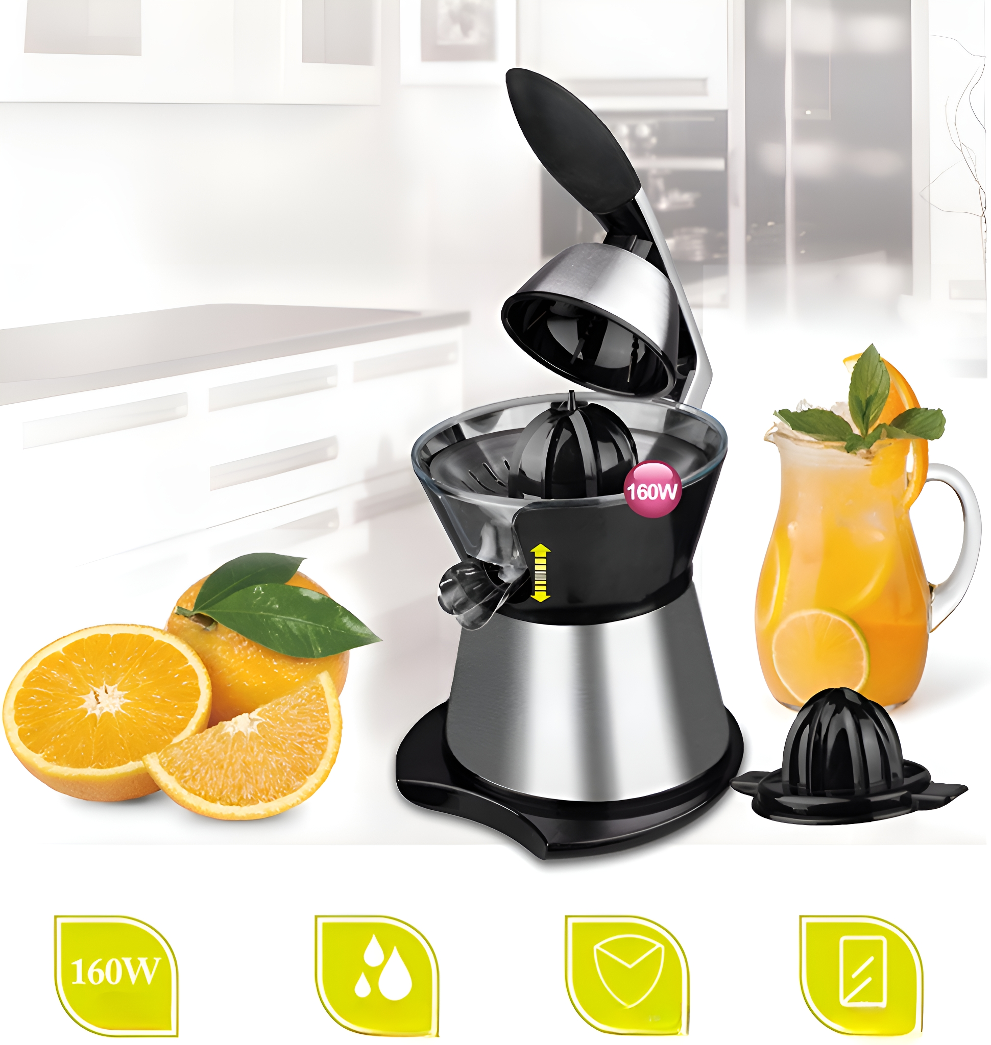 Zitruspresse mit Orangenscheiben und einer Kanne Saft. Zusätzliche Teile und ein 160W-Etikett.
