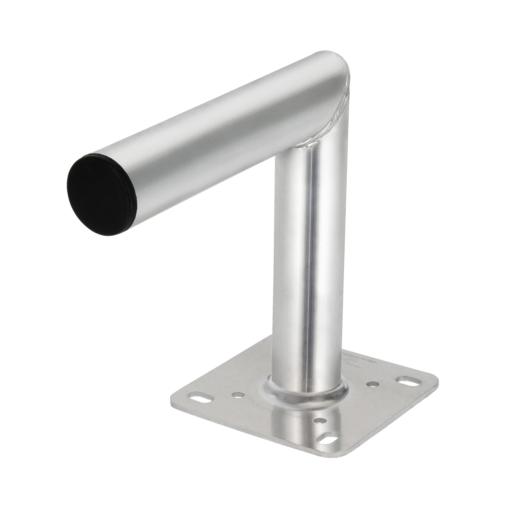 Eine Metallhalterung, die auf einem quadratischen Sockel mit einem gebogenen Arm montiert ist.