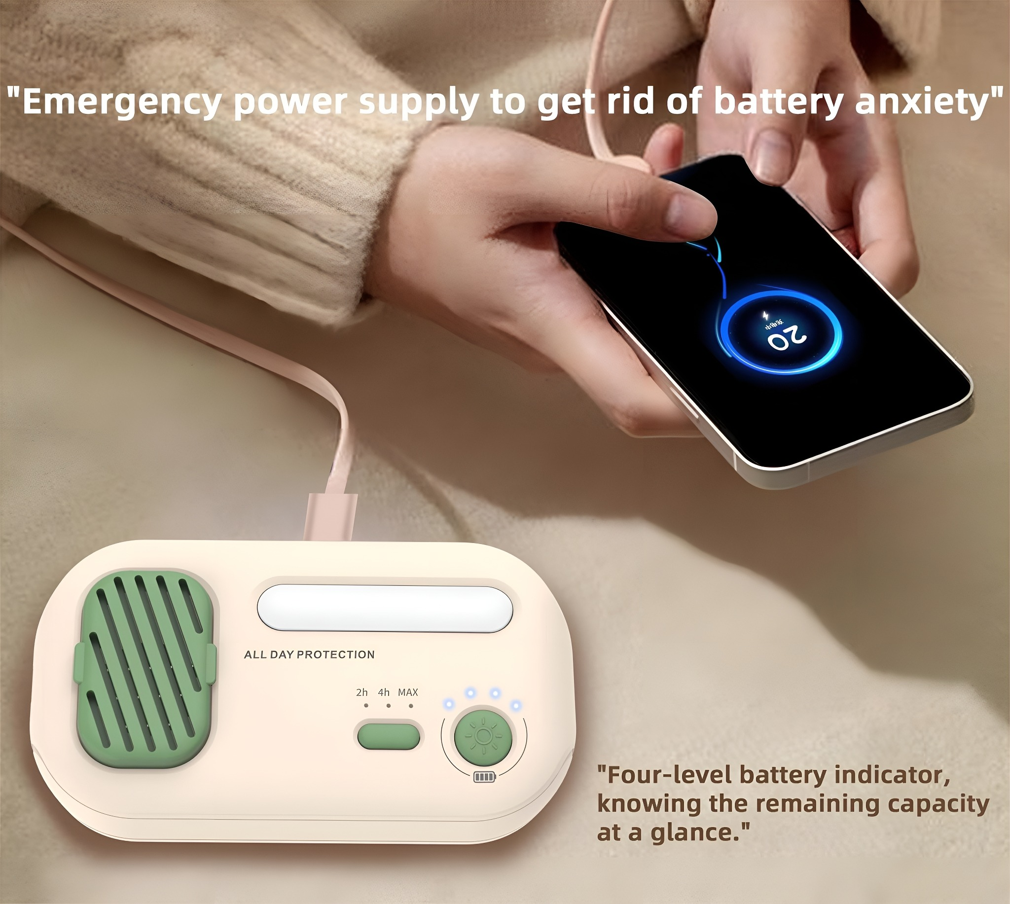 Eine Person hält ein Telefon, das mit einer weißen Powerbank aufgeladen wird. Der Hintergrund ist ein Schreibtisch.