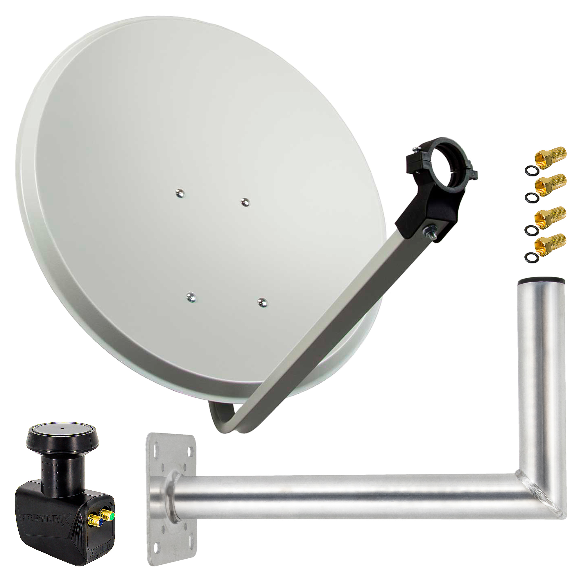Eine Satellitenschüssel mit schwarzem LNB und Montagezubehör.