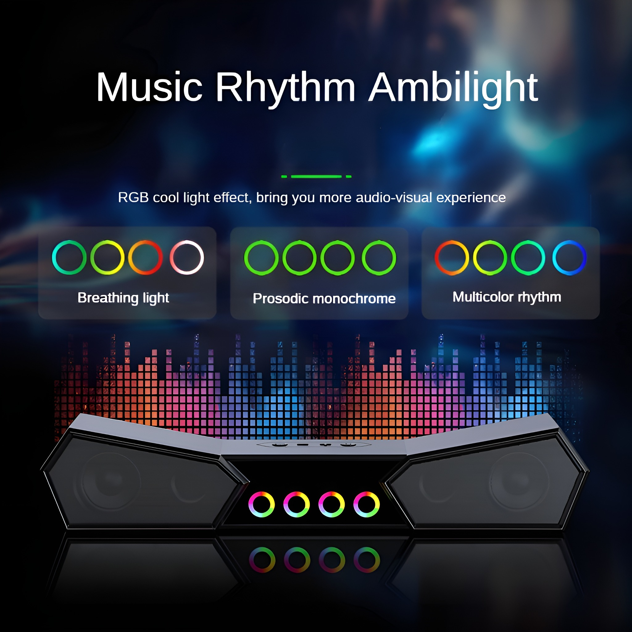Schwarzer Lautsprecher mit bunten Lichtern. Der Text erwähnt 'Music Rhythm Ambilight'.