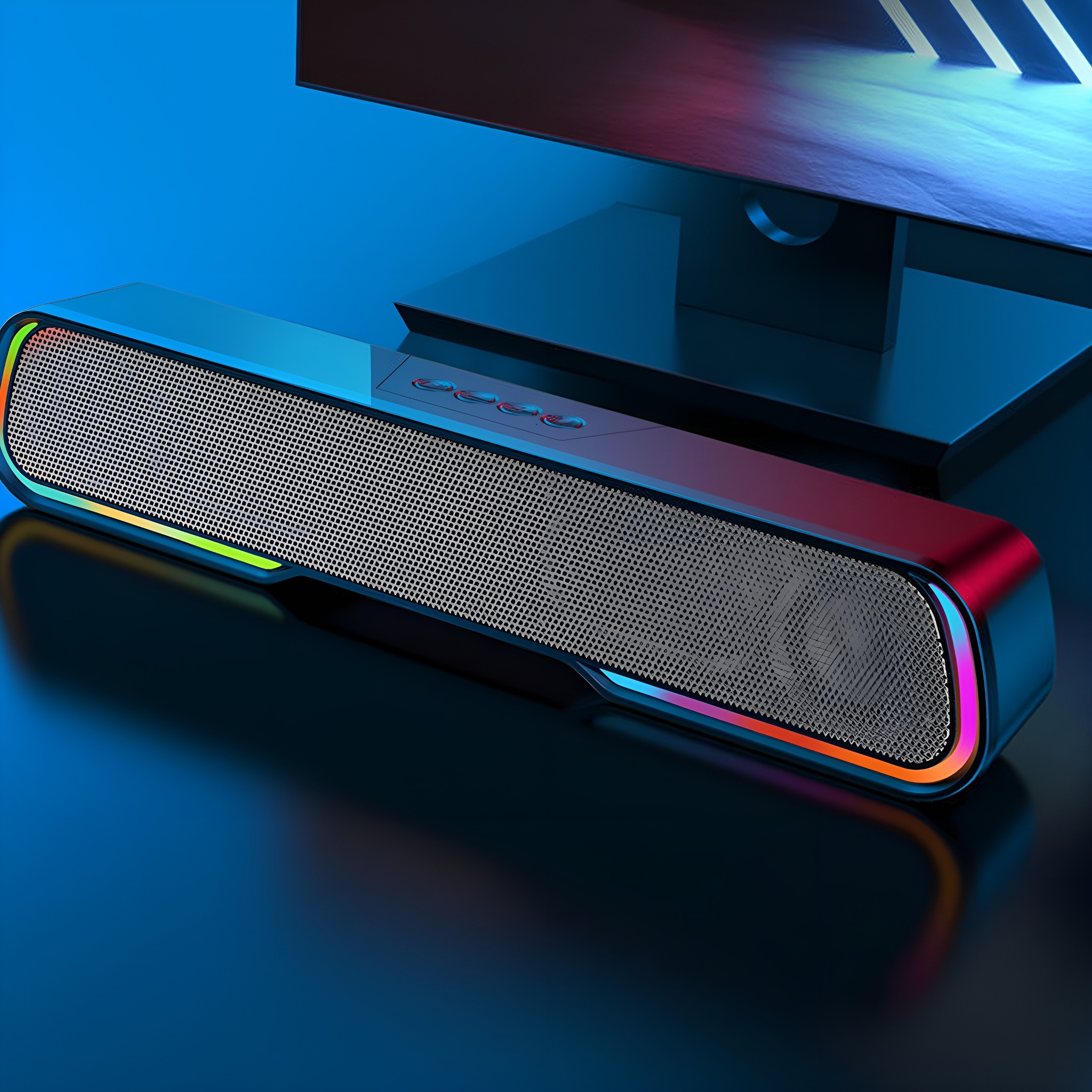 Schwarze und silberne Soundbar mit Mesh-Front, mehrfarbig beleuchtet.