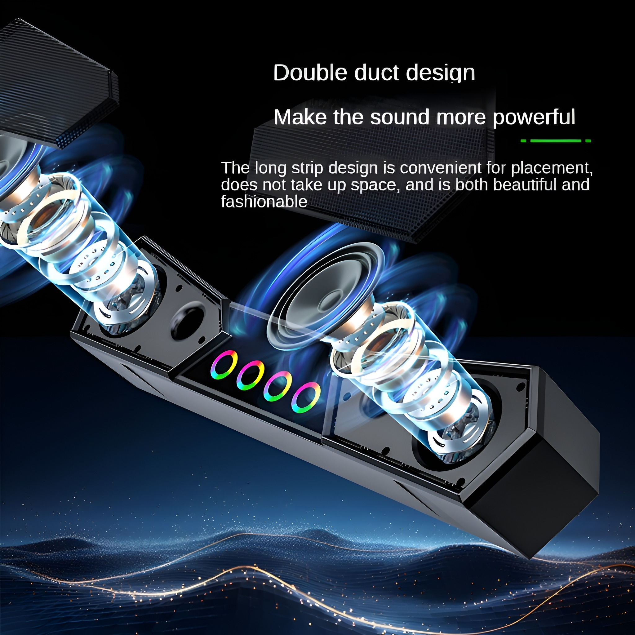 Schwarzer Lautsprecher mit leuchtenden Lichtern. Futuristisches Design mit blauen Energieströmen. Dunkler Sternenhimmel.