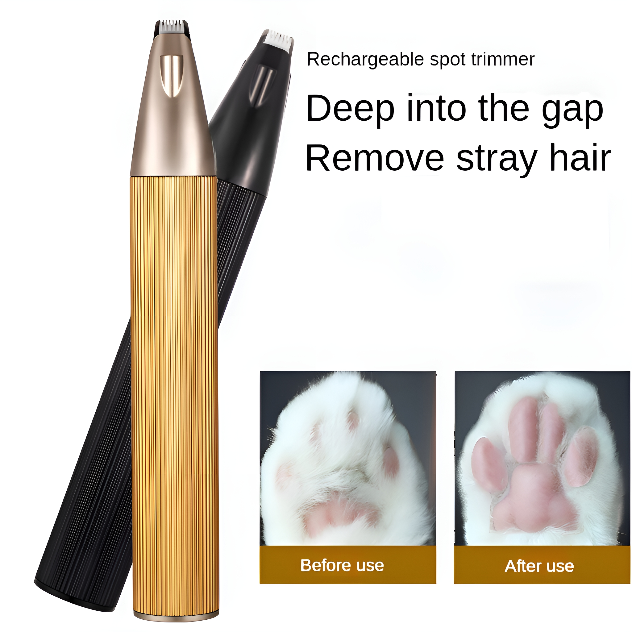 Zwei Spot-Trimmer, einer goldfarben, einer schwarz, und zwei Bilder mit Vorher-Nachher-Haarentfernung.