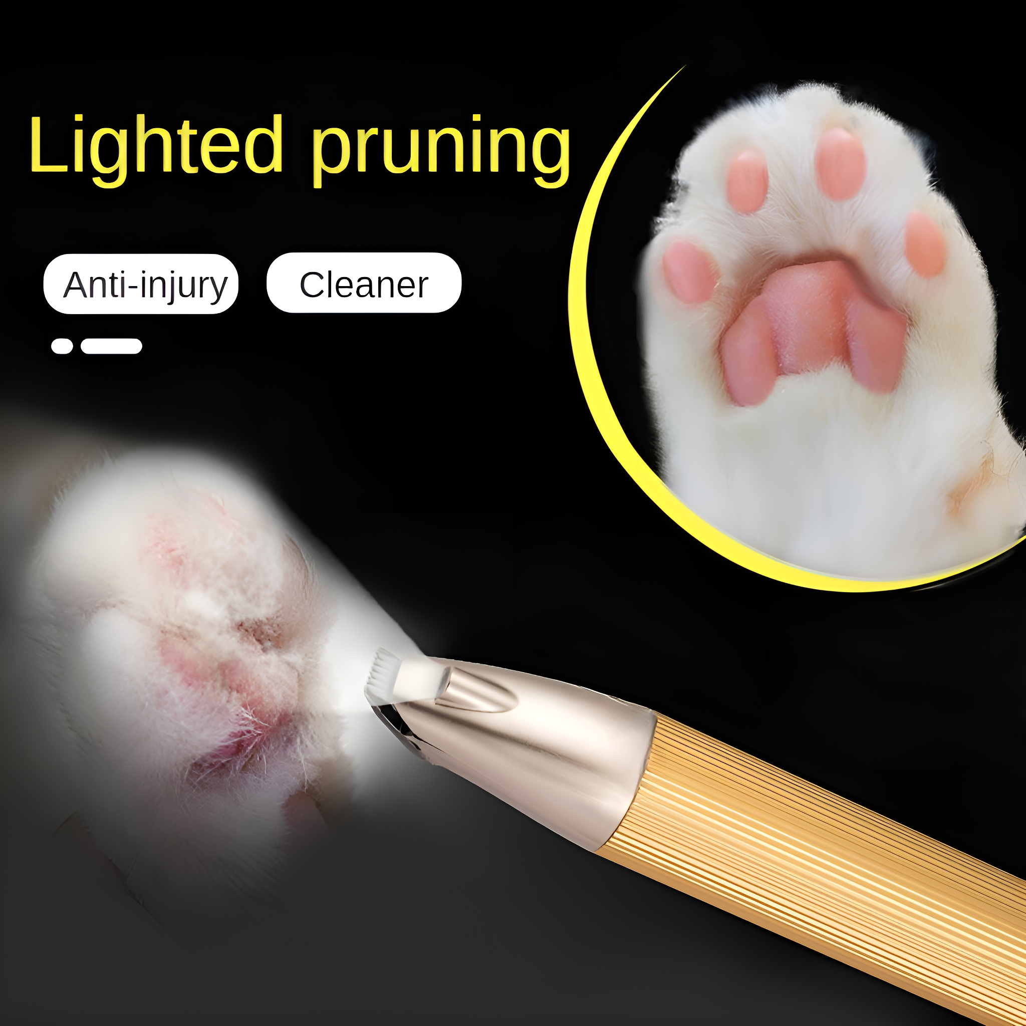 Nahaufnahme einer Katzenpfote und eines goldfarbenen Nageltrimmers. Der Trimmer befindet sich in der Nähe der Pfote.
