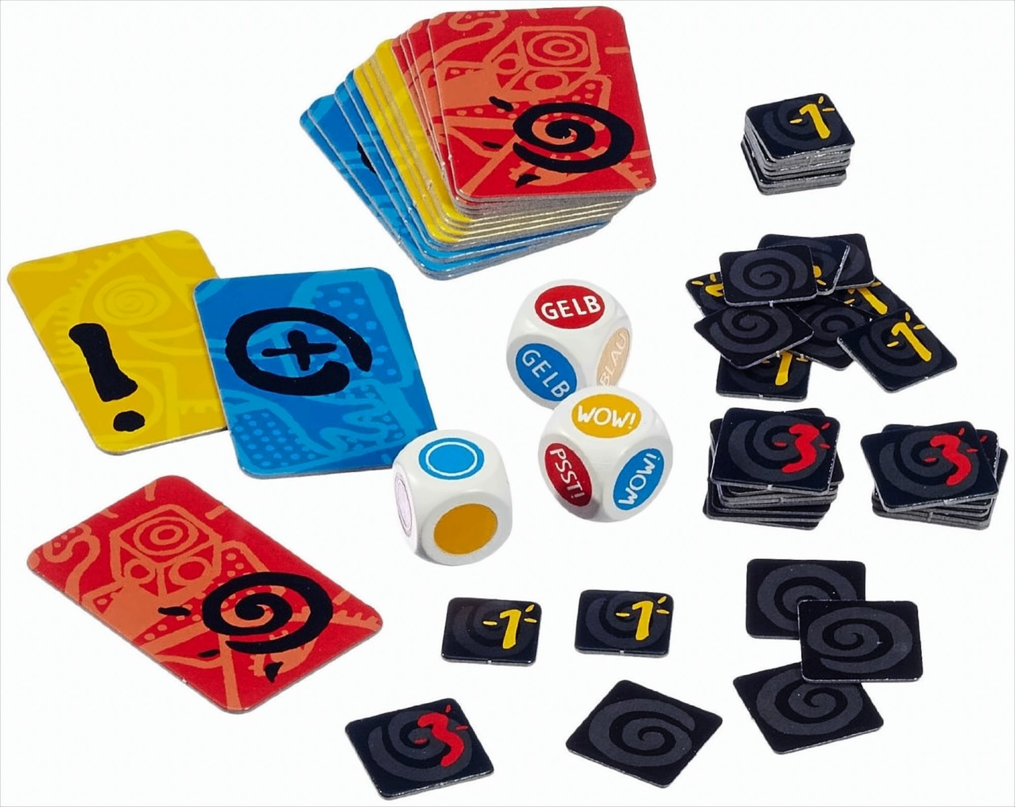 Brettspielteile: Karten, Würfel und Spielsteine. Rot, Gelb, Blau und Weiß sind die Hauptfarben.