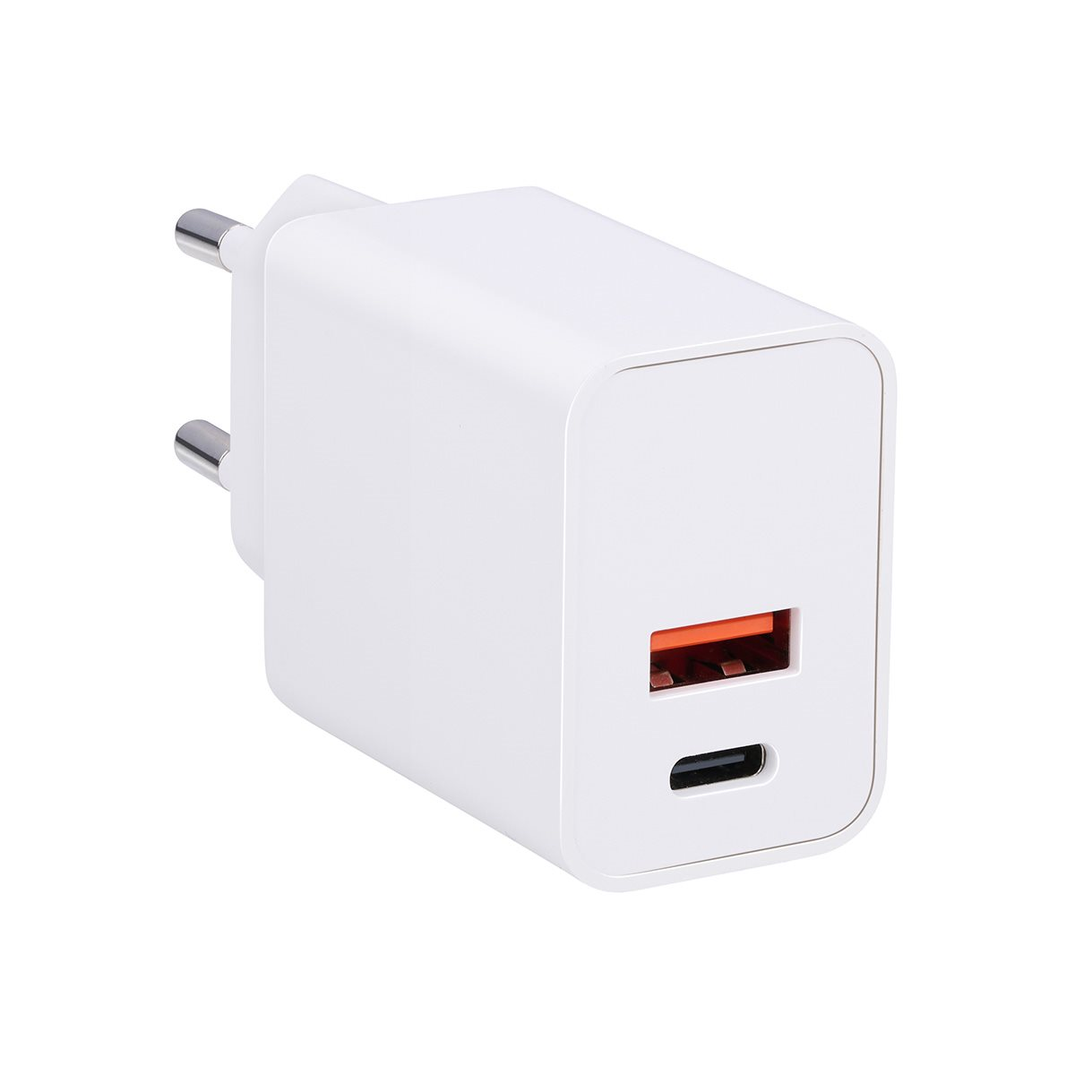 Witte oplader met een USB-C-poort en een USB-poort. Het heeft zilveren pinnen.