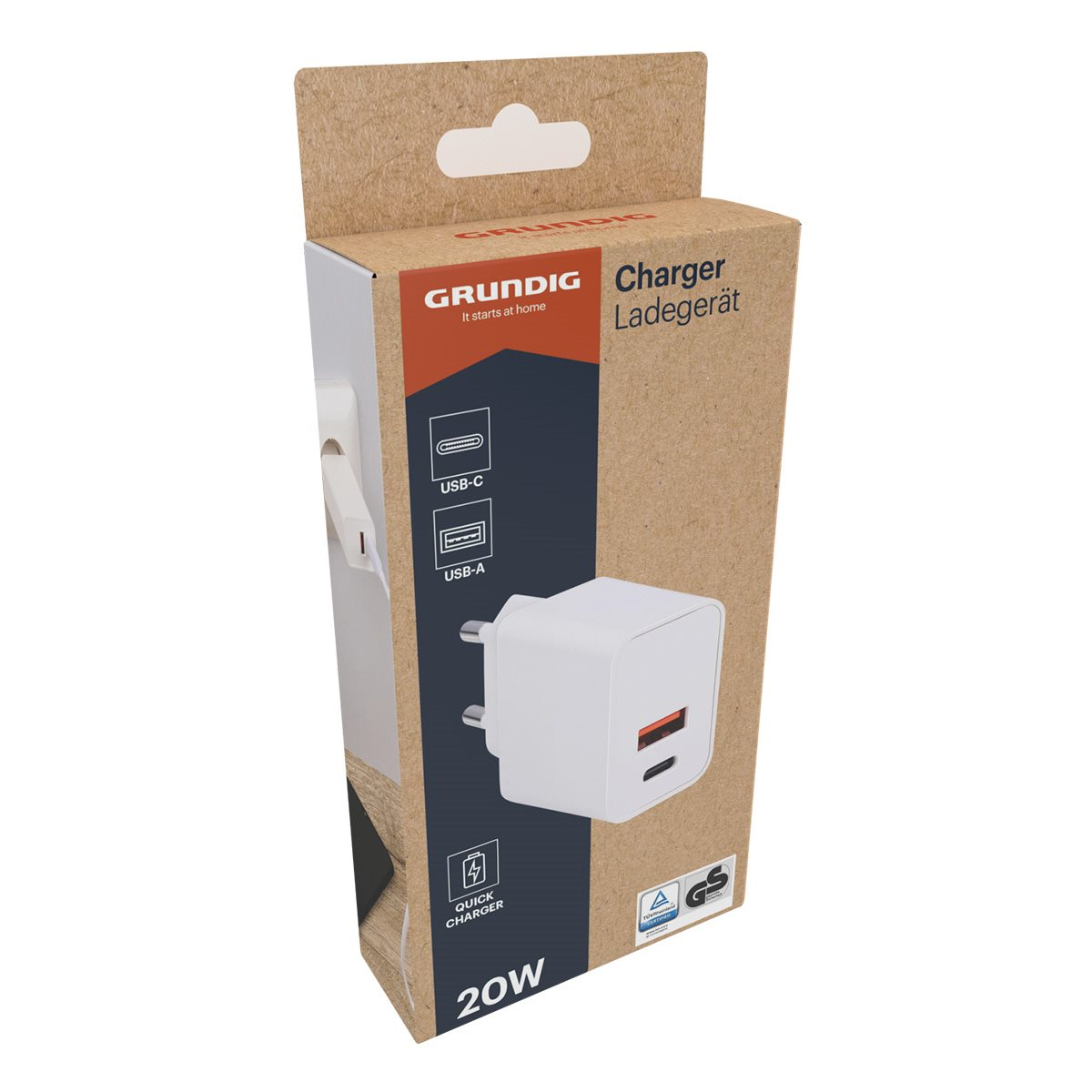 Een witte oplader met een witte doos, merk is GRUNDIG. Het is een USB-C oplader.