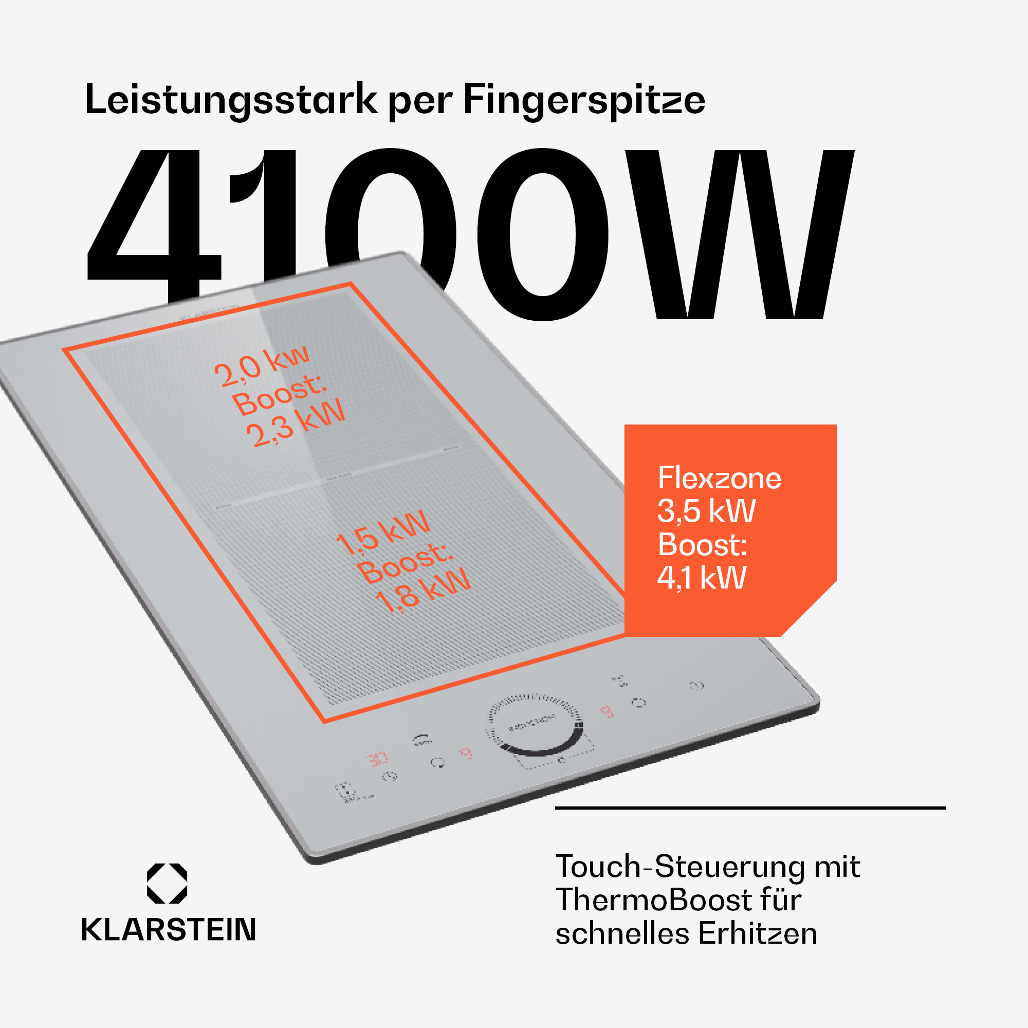 Una placa de cocina plateada y blanca con zonas resaltadas en naranja. Contiene el texto "4100W" y el panel de control.