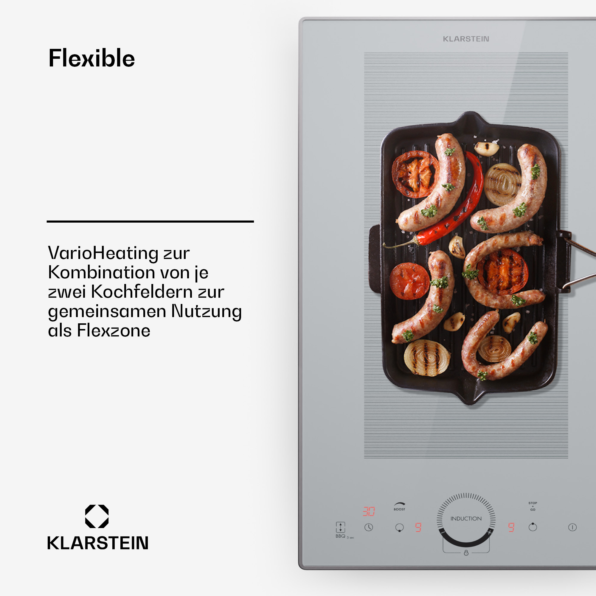 Una placa de inducción blanca con comida, texto y un logotipo.