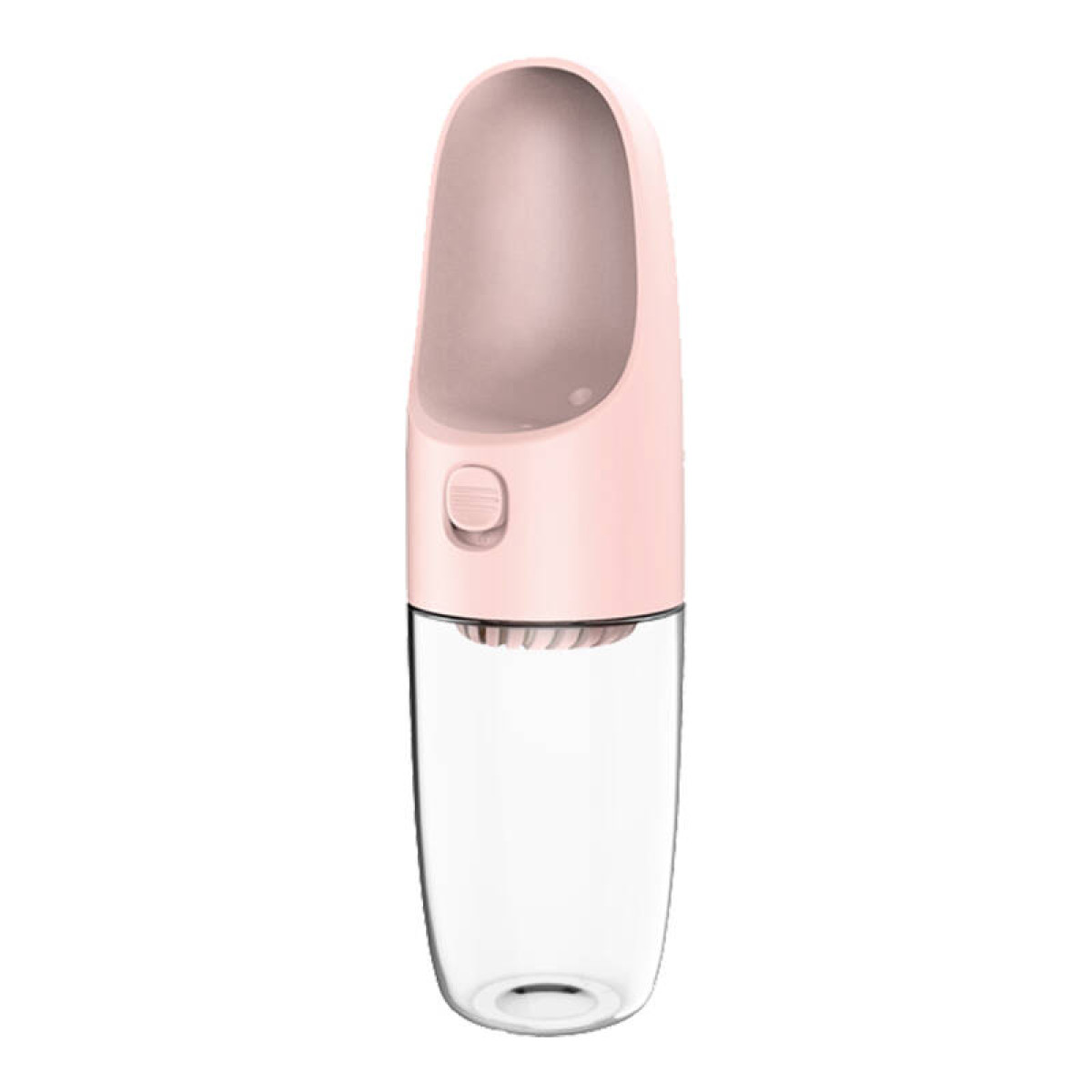 Borraccia rosa e trasparente per animali domestici. Bottiglia trasparente con tappo rosa. Pulsante.