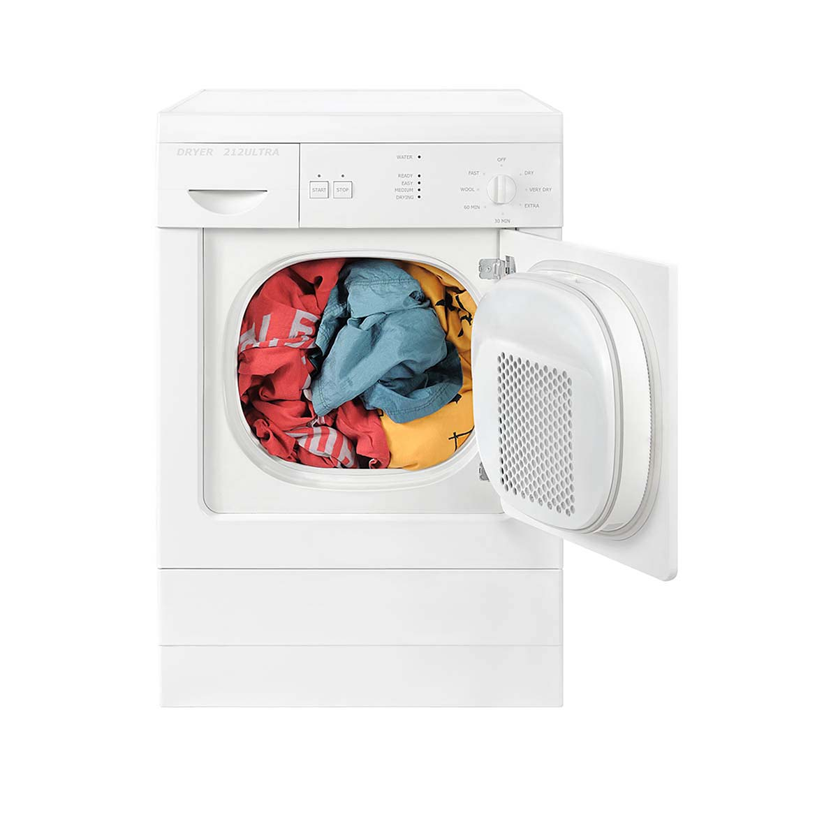 A white dryer with the door open, filled with colorful clothes.