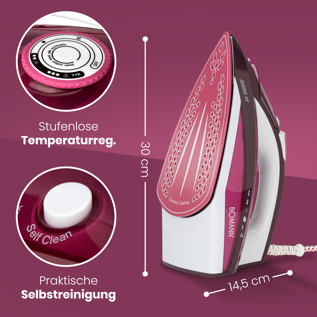 Różowe żelazko z regulowanymi ustawieniami i funkcją samooczyszczania. Wymiary 30 cm x 14,5 cm.
