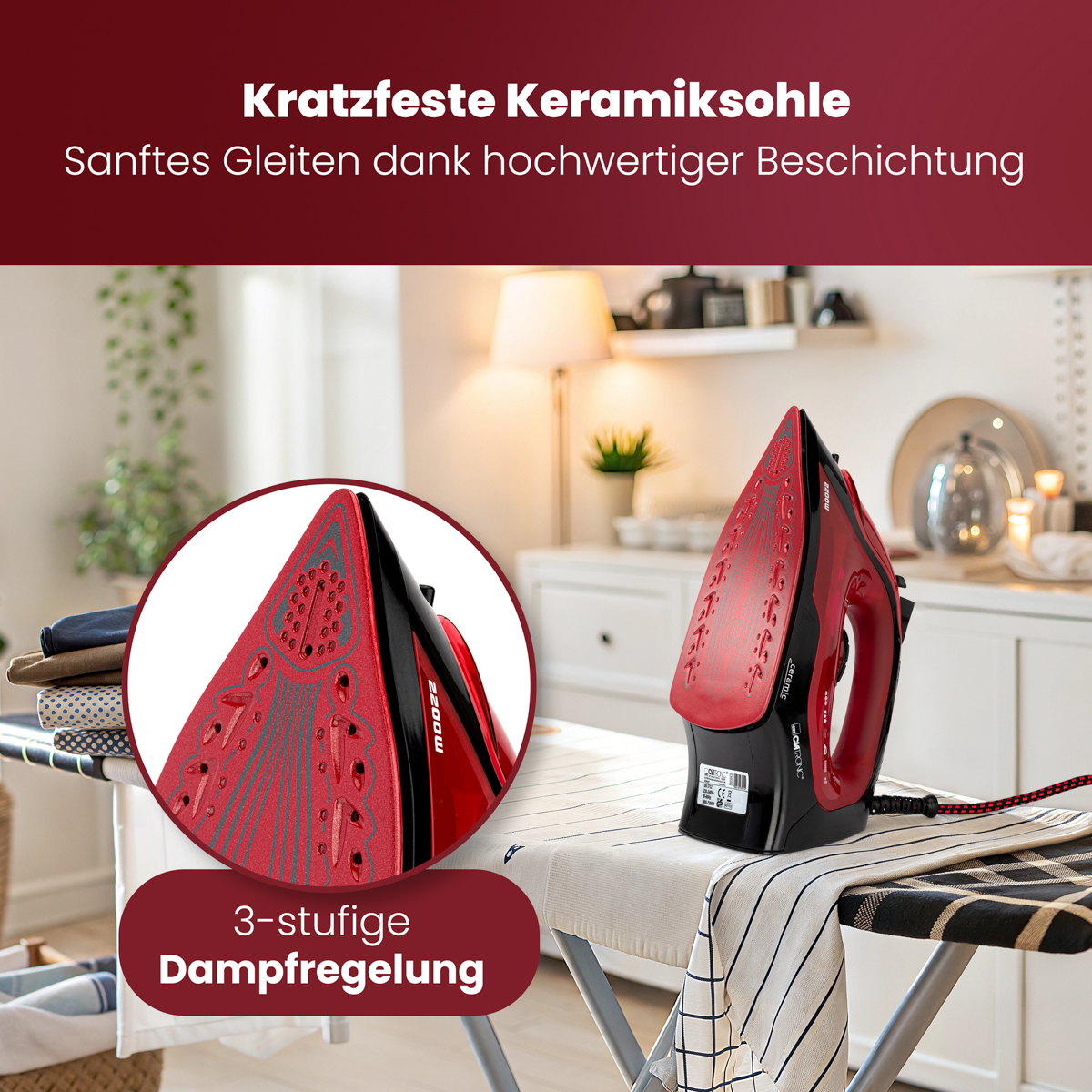 Czerwone i czarne żelazko, zbliżenie. Kontrola pary i deska do prasowania.