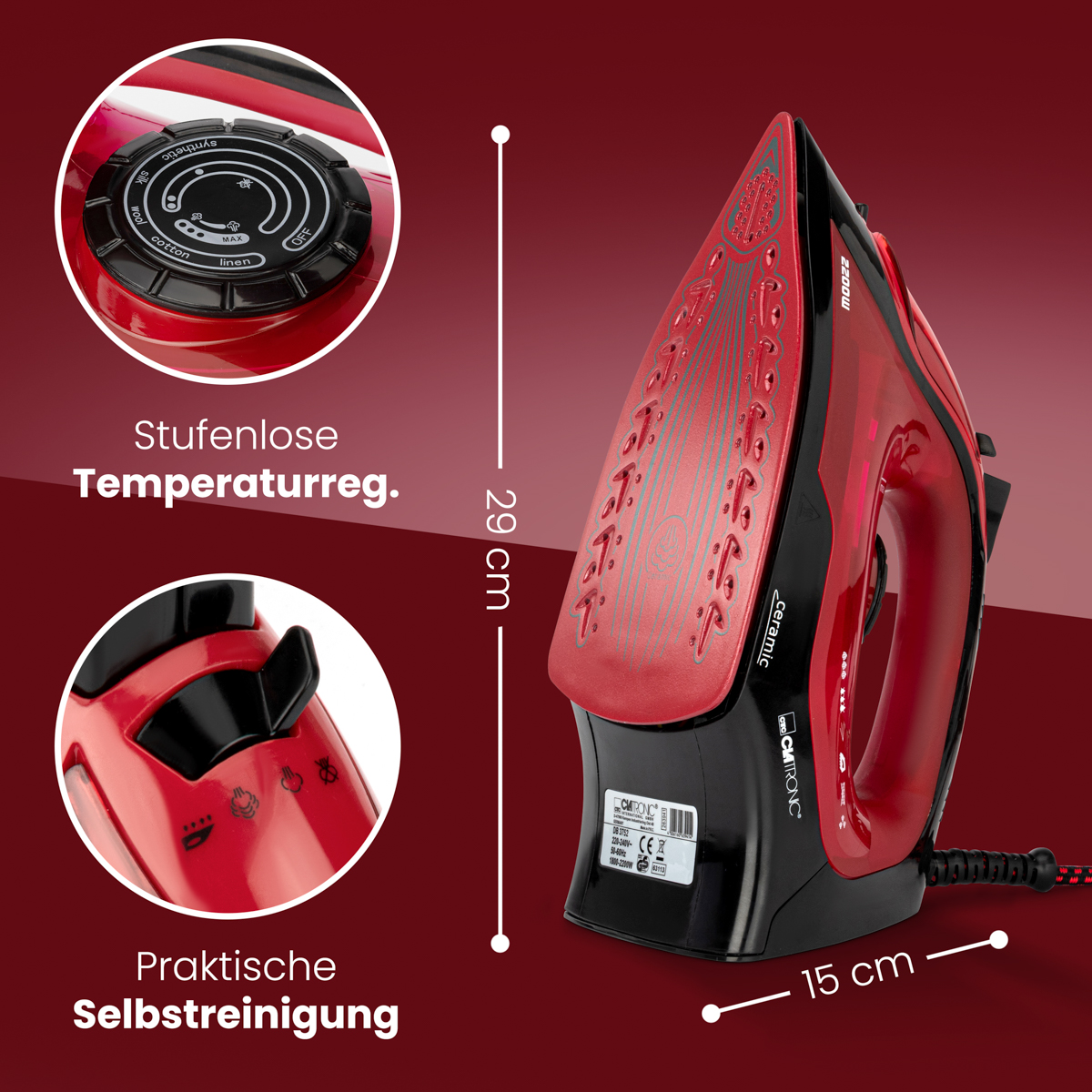 Czerwone i czarne żelazko z ustawieniami temperatury, wymiarami i funkcjami samoczyszczenia.