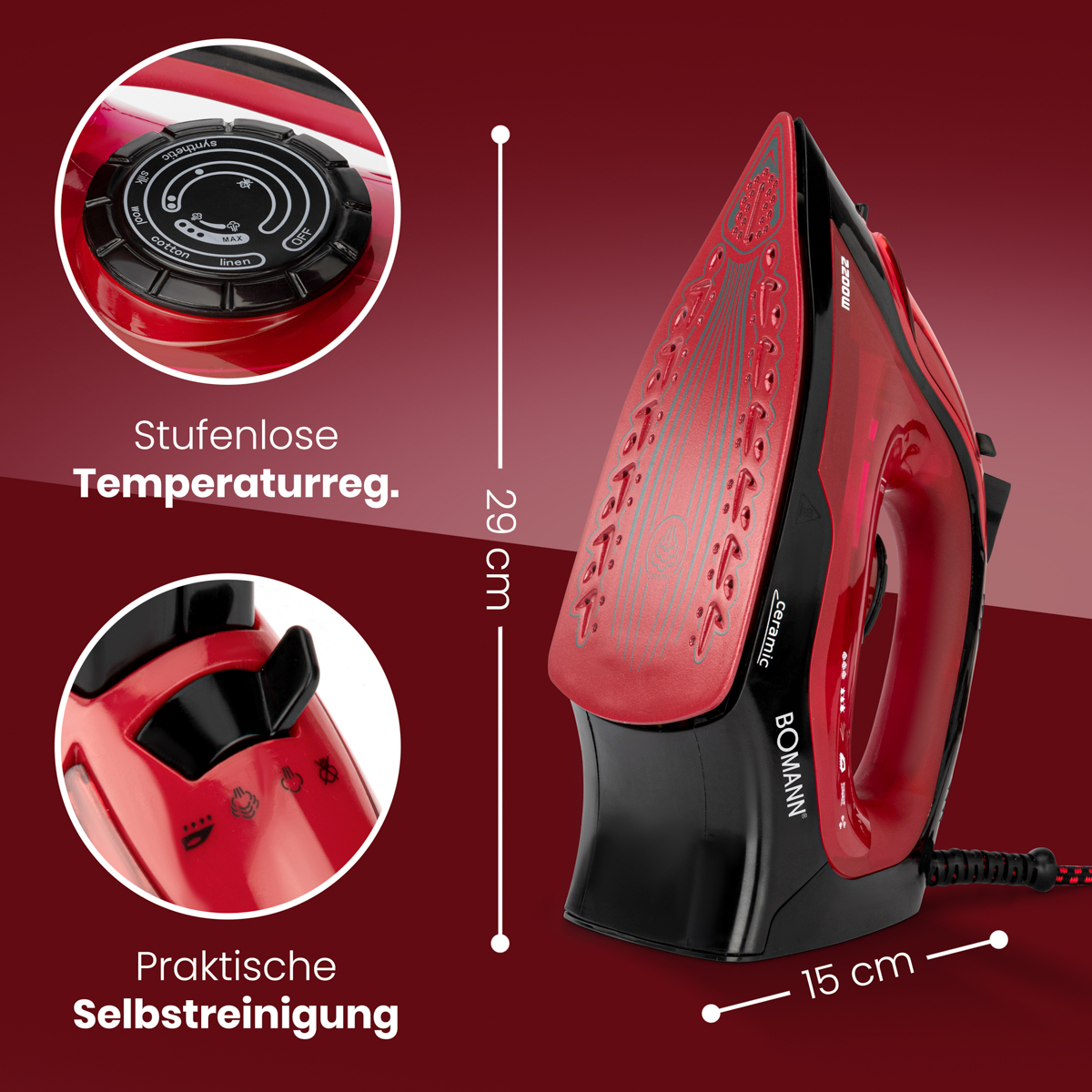 Czerwone żelazko z czarnymi akcentami, zbliżenie pokrętła i części samoczyszczących, wymiary.