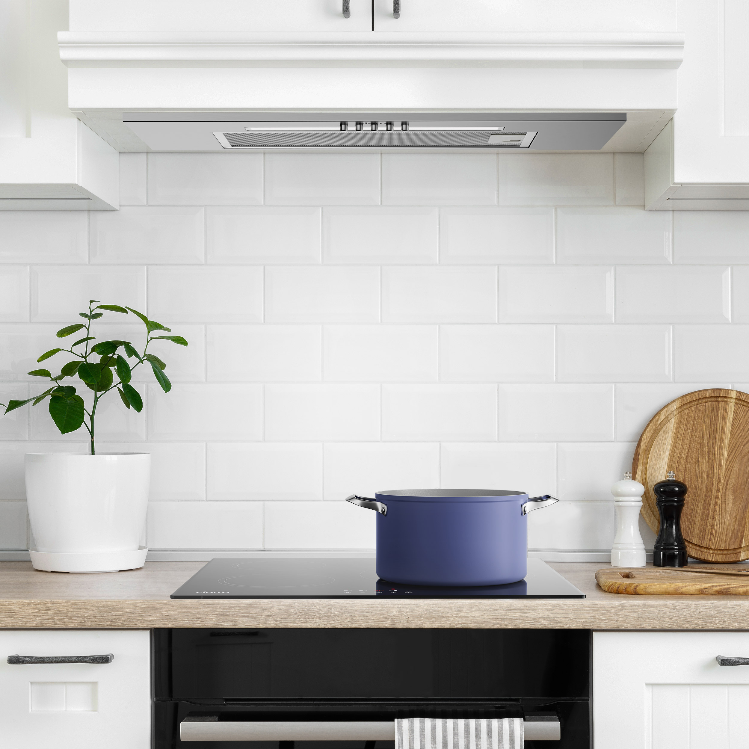 Kitchen scene with a blue pot on a black stove, white cabinets, and a plant.
