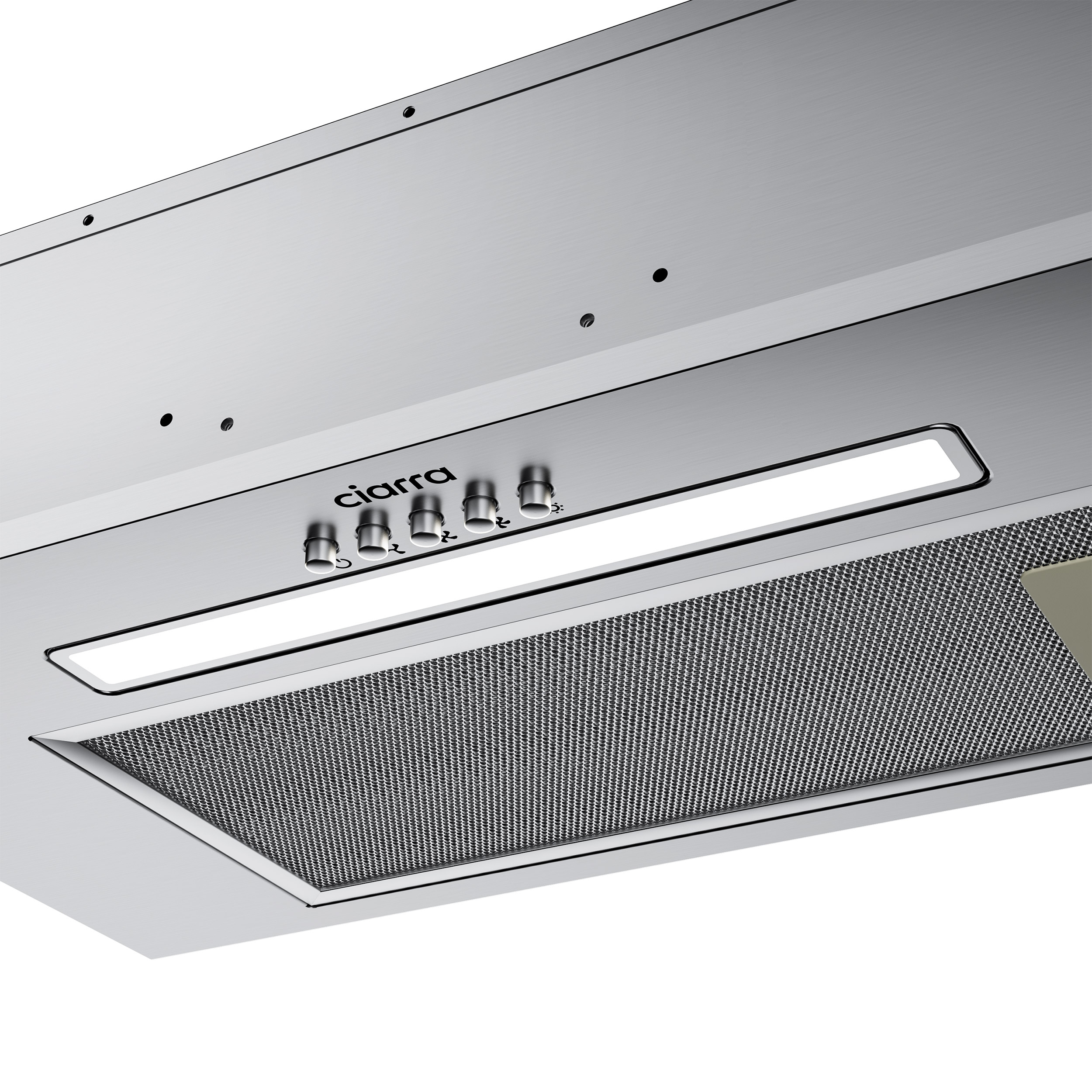 Close-up of a silver range hood with lights and buttons, with a mesh filter underneath.