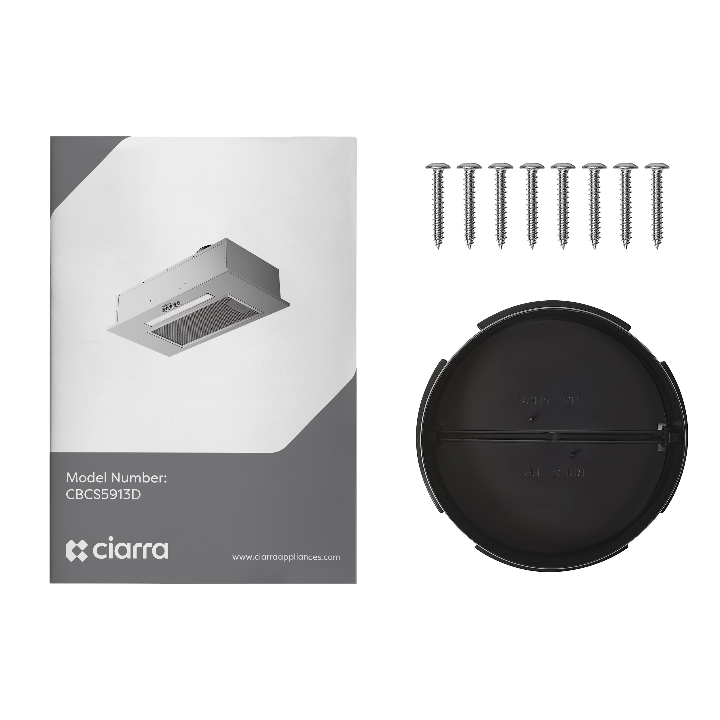 A white range hood and screws, with an instruction manual and a black round piece.
