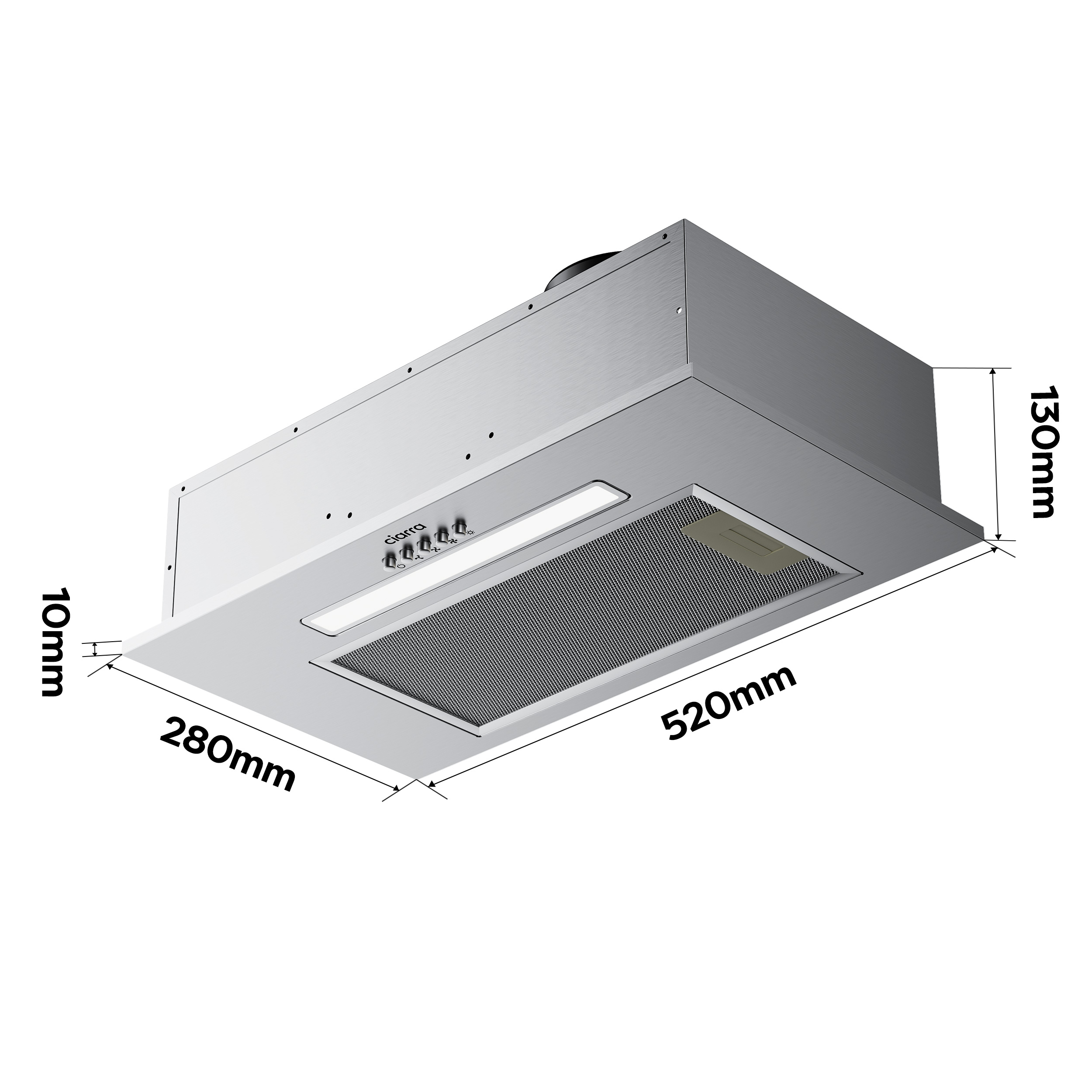 A white and silver range hood with dimensions labeled in millimeters against a white background.