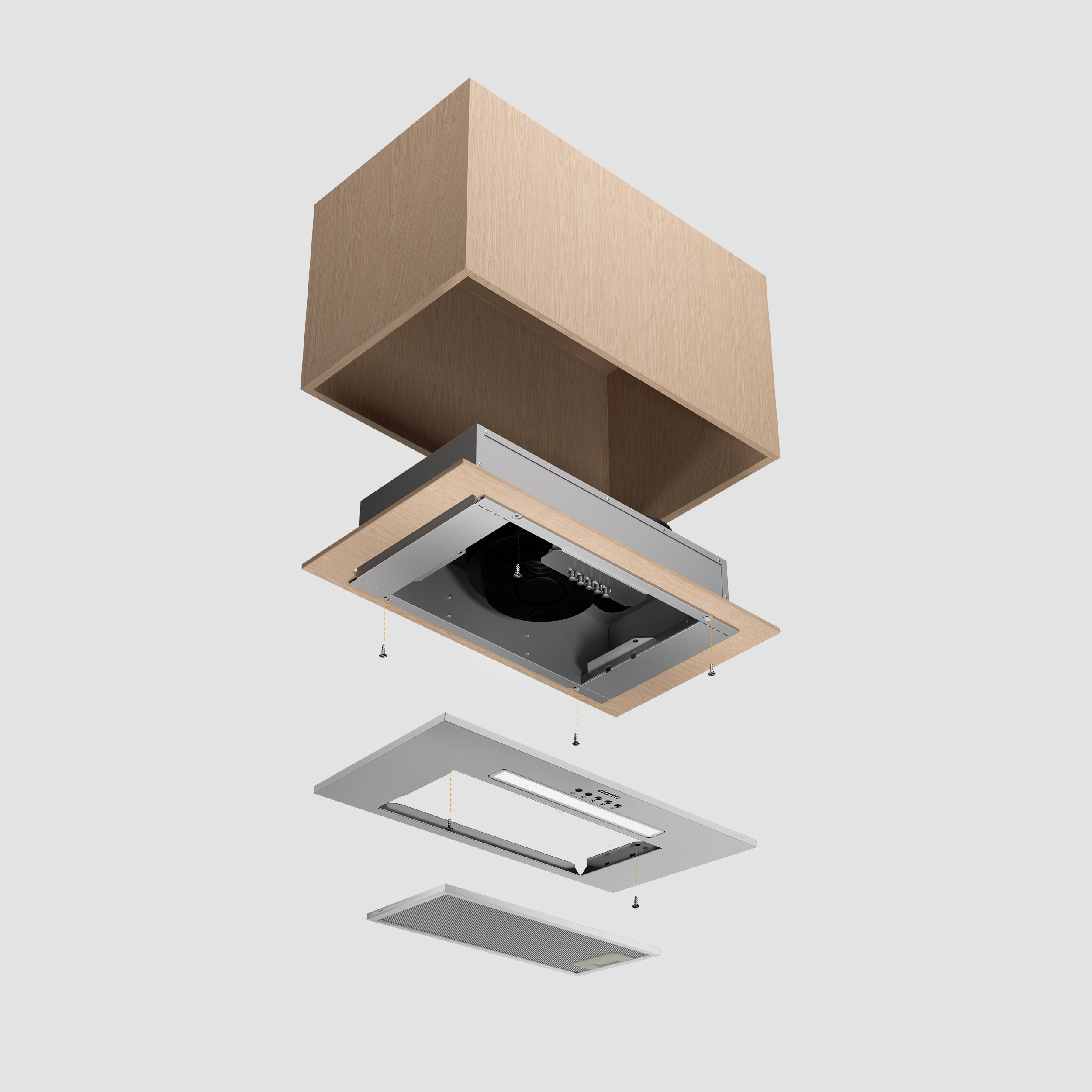 Exploded view of a kitchen range hood, including wooden box, fan, lights, and filter components.