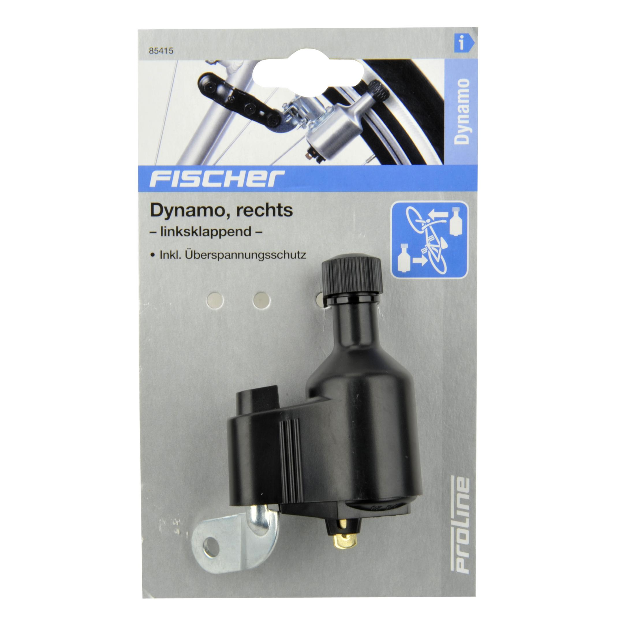 Schwarzer Fahrraddynamo in Verpackung mit Text und Diagramm.