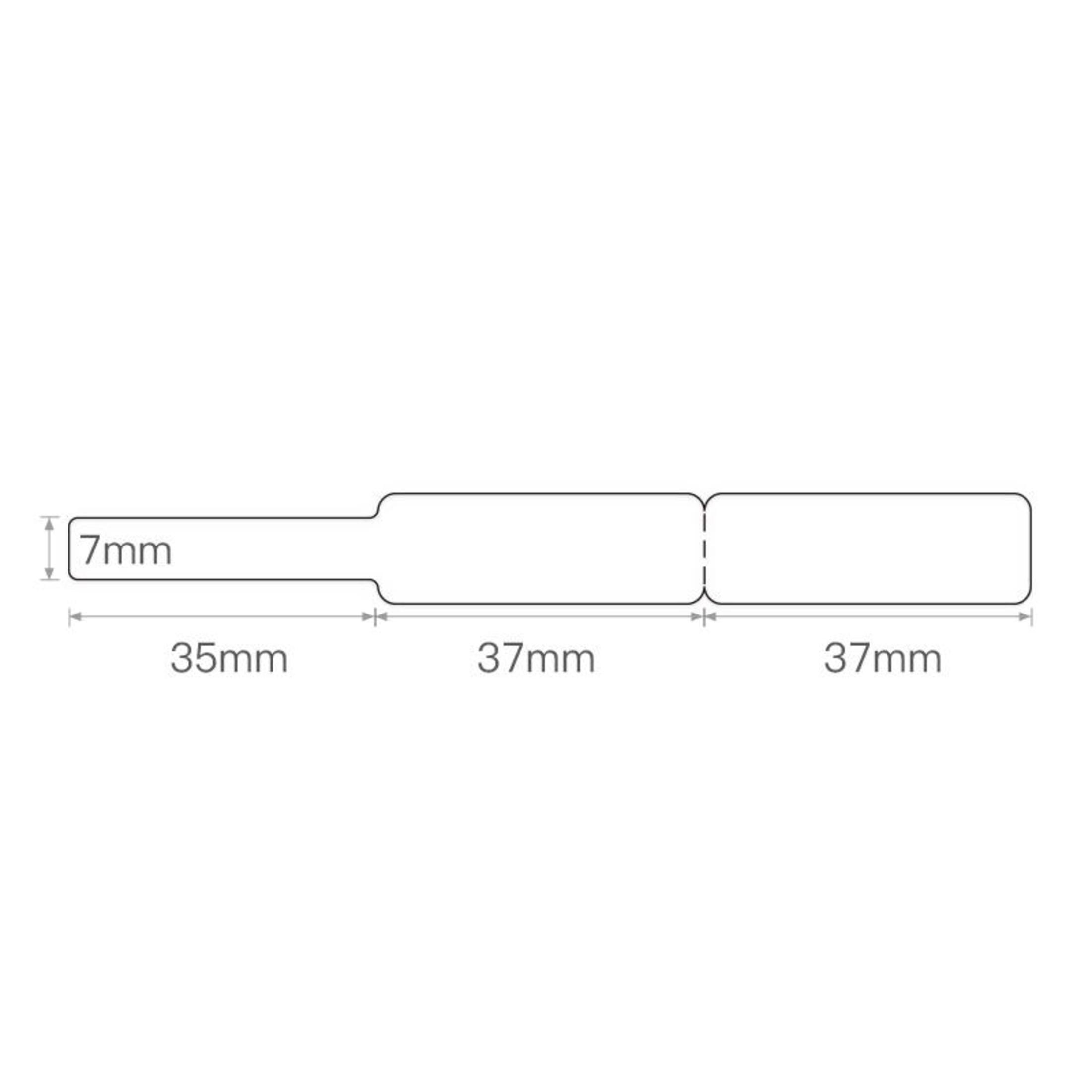 Drei rechteckige Aufkleber: 35 mm, 37 mm und 37 mm. 7 mm Breite.
