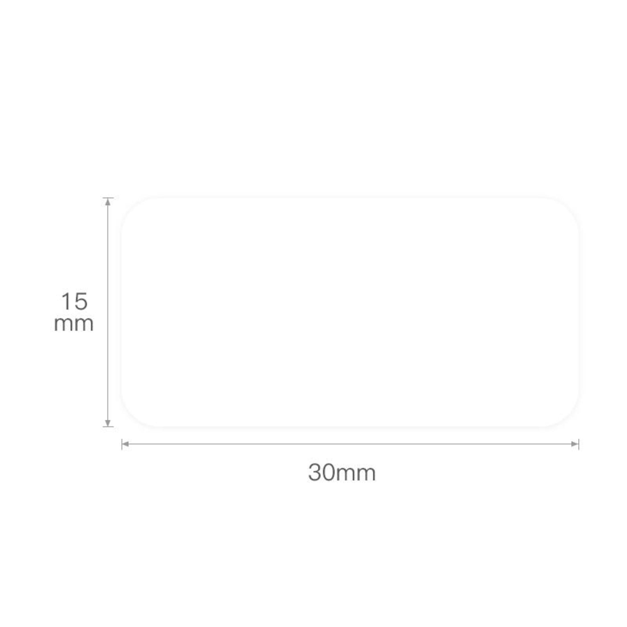 Ein weißes rechteckiges Etikett mit abgerundeten Ecken. Abmessungen: 15 mm x 30 mm.