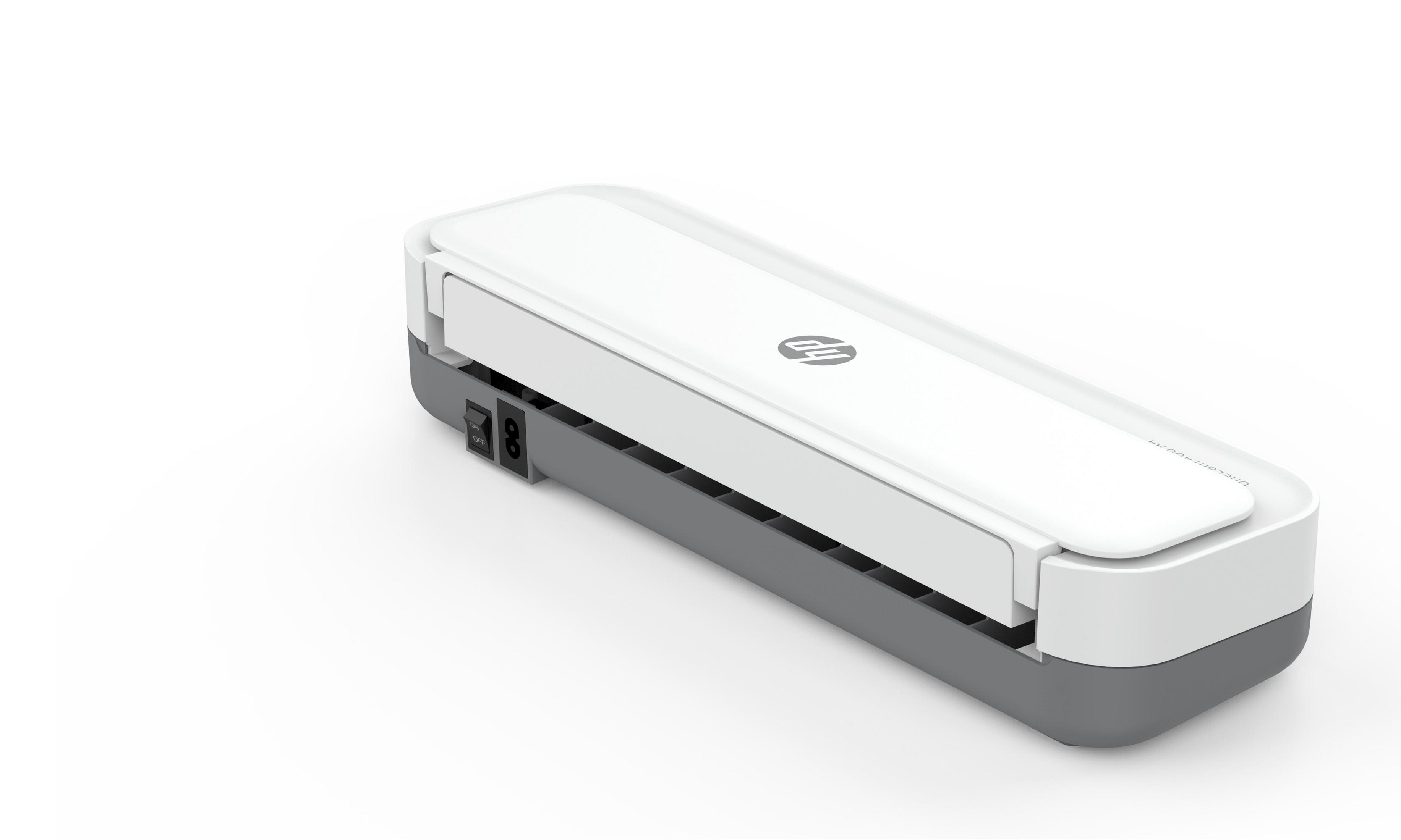 Biały i szary skaner na białym tle. Widoczne logo HP.