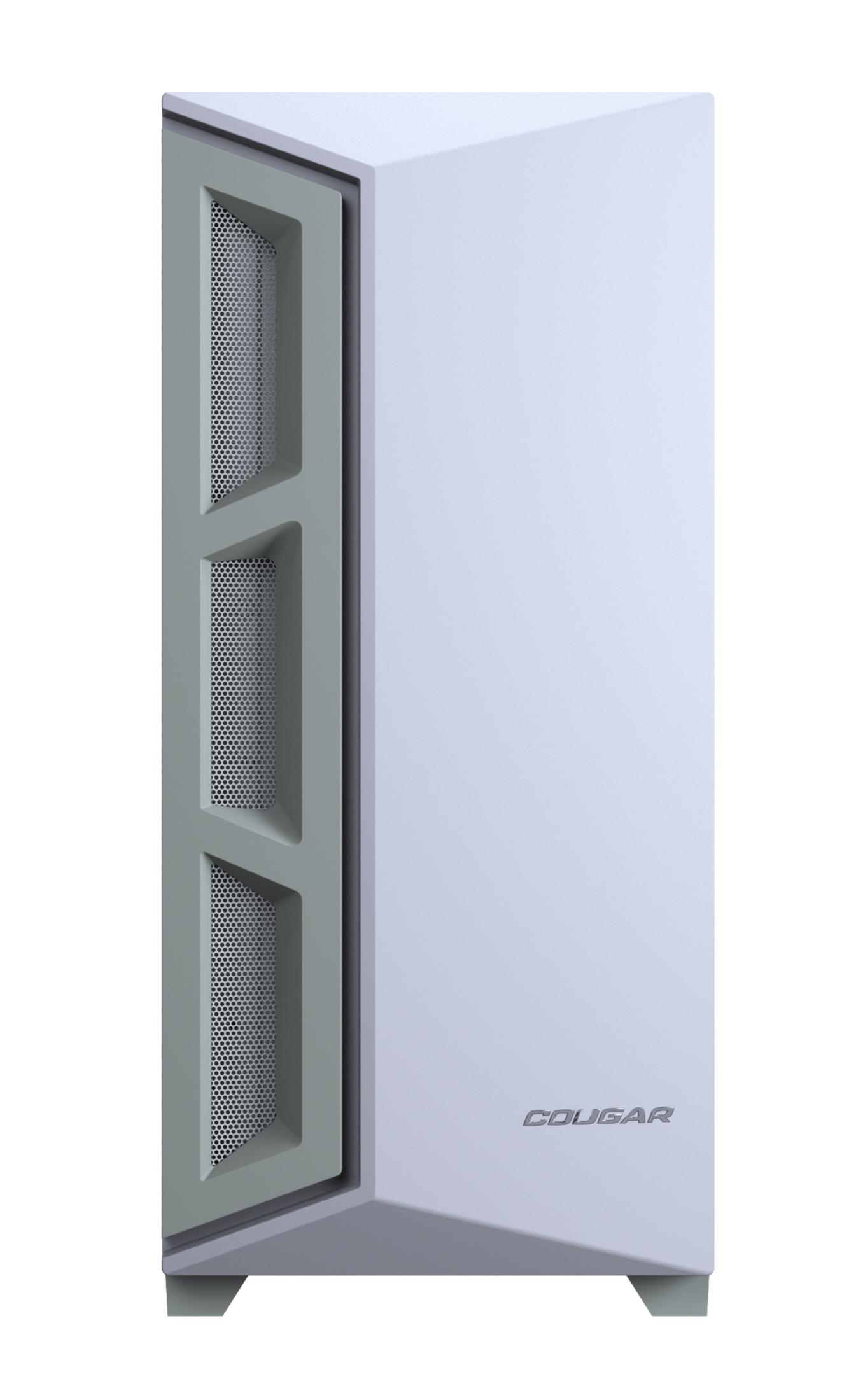 Weißes Computergehäuse mit grauem Mesh-Seitenteil, abgewinkeltes Design, 'COUGAR'-Text vorne.