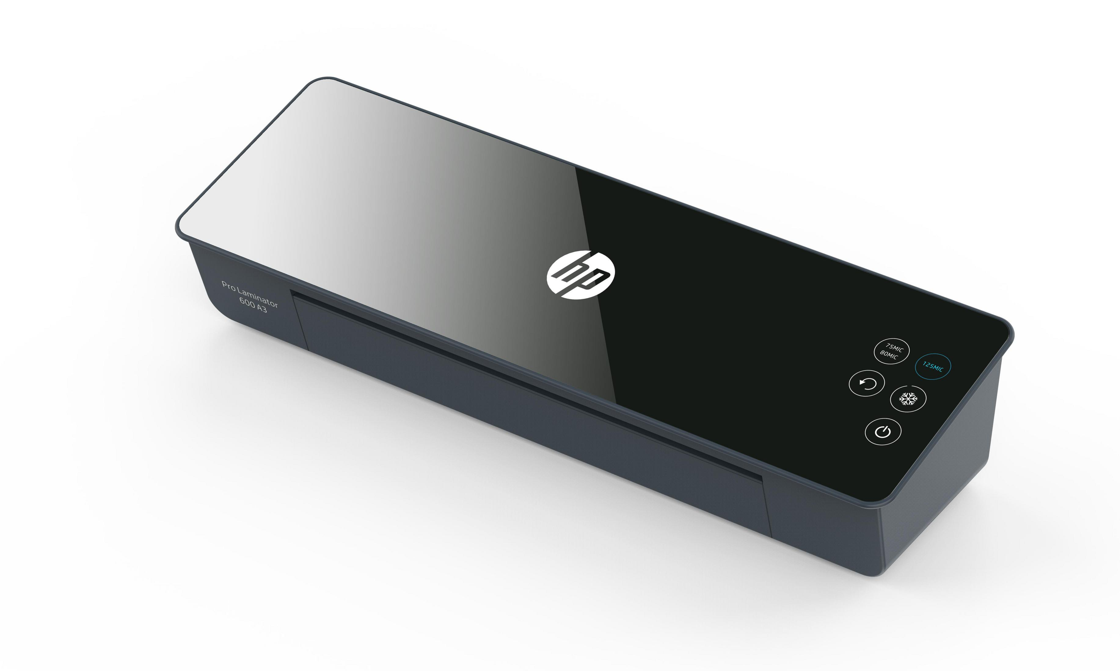 Czarny i szary laminator HP Pro. Ma błyszczącą czarną górę i przyciski sterowania.