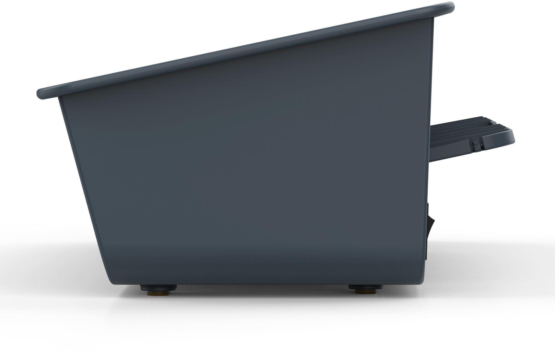 Ciemnoszara plastikowa taca z ukośnym blatem i podnóżkiem.