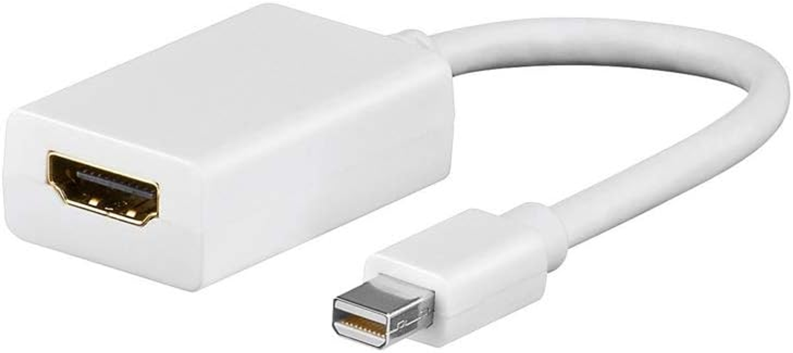Weißes HDMI-auf-Mini-DisplayPort-Adapterkabel. Es hat einen rechteckigen und einen kleineren Stecker.