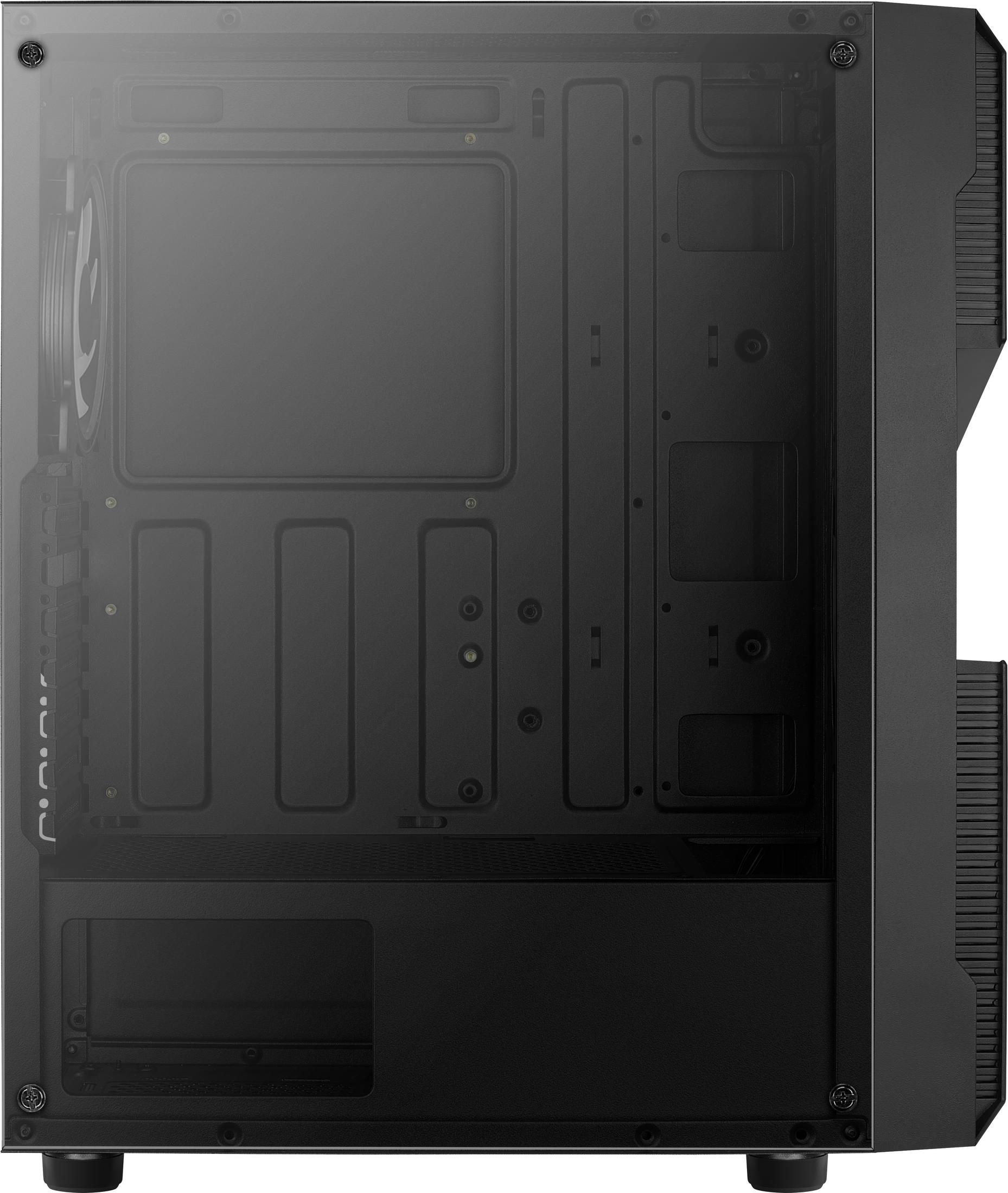 Un case per computer con un pannello laterale in vetro, che mostra i componenti interni.