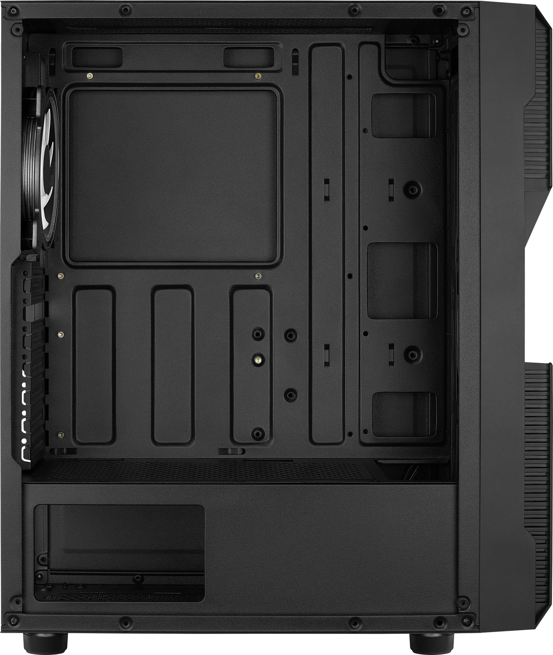 Un case per computer, vista laterale, che mostra i componenti e la struttura interna.
