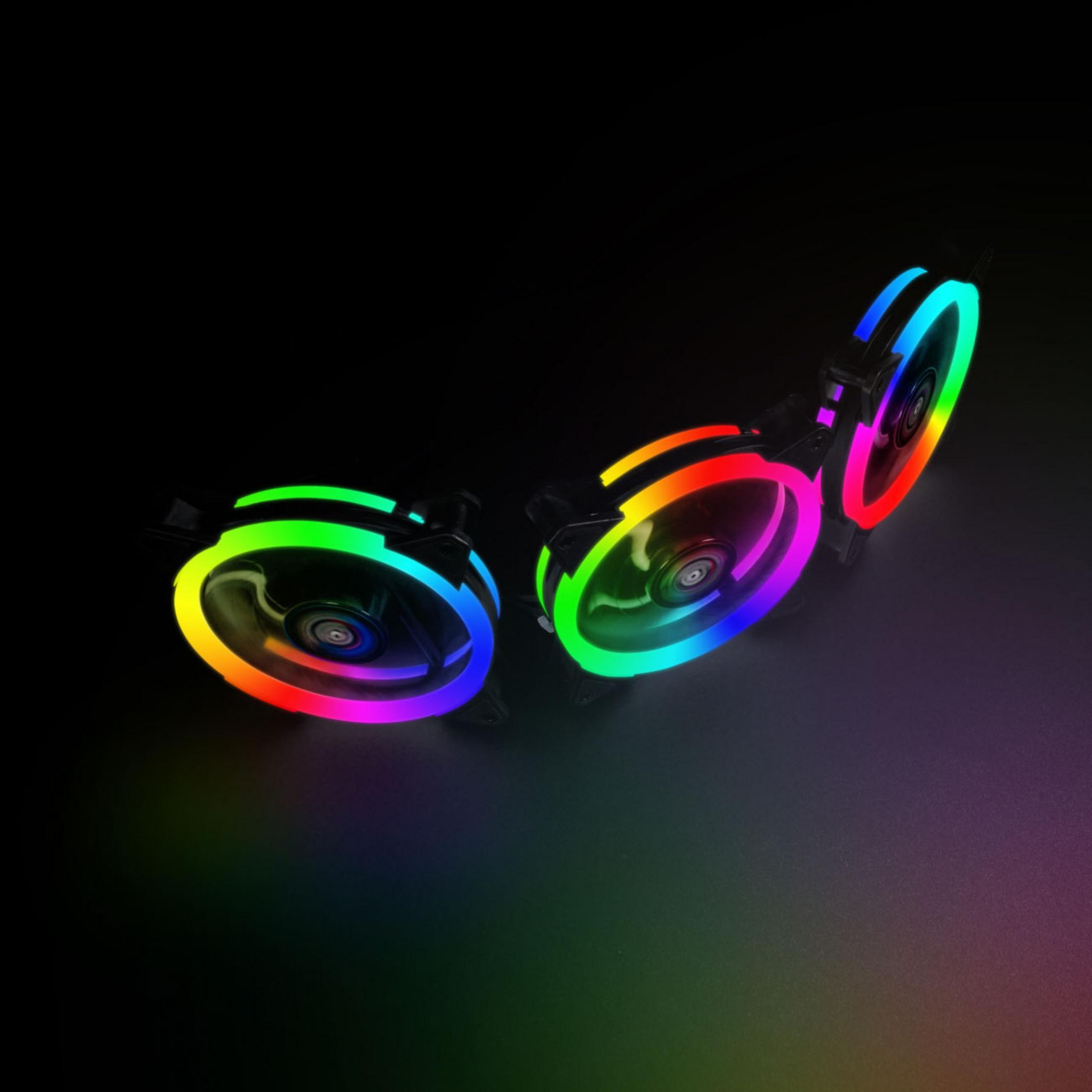 Trzy wentylatory RGB na czarnej powierzchni, z żywymi gradientami kolorów.