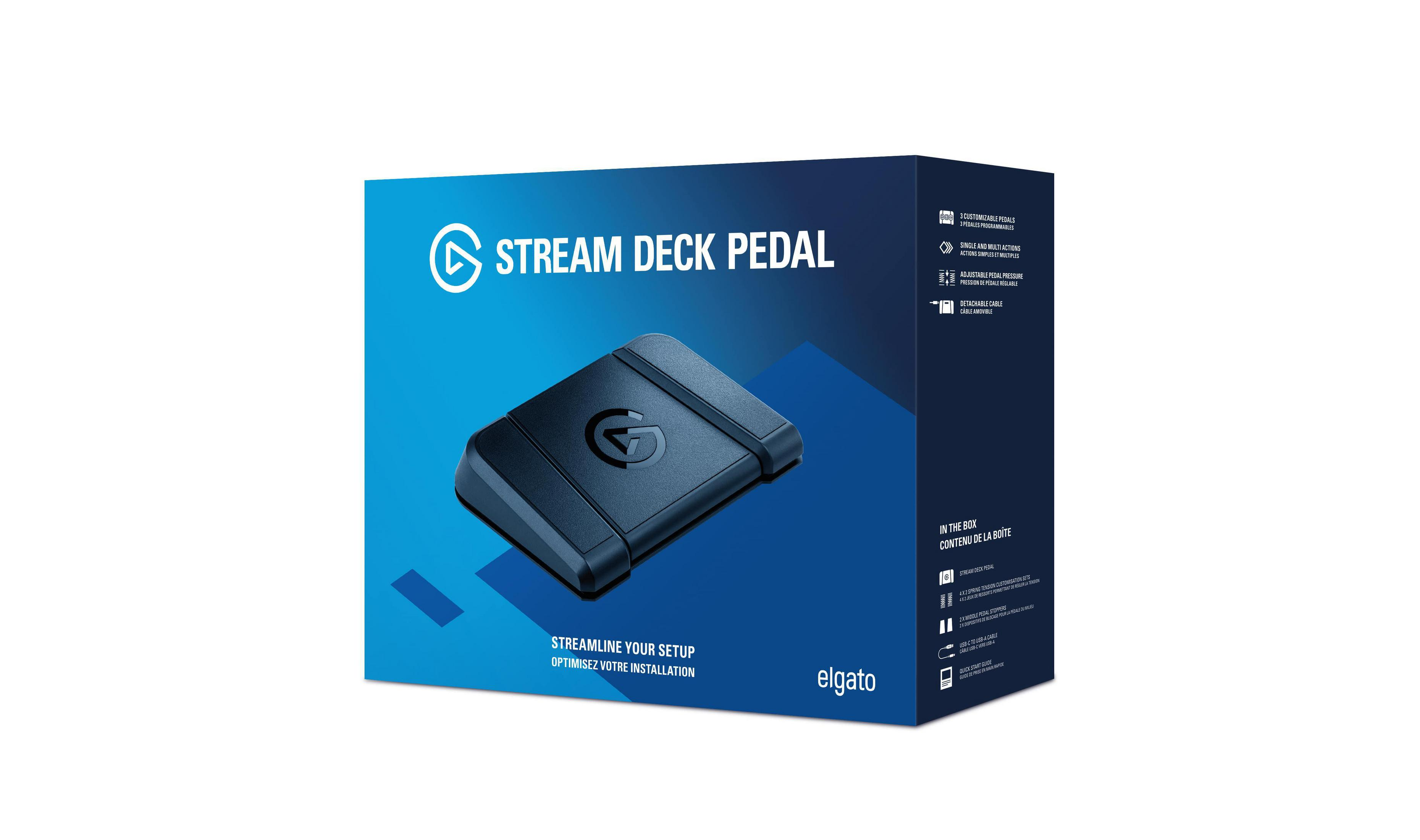 Eine blau-schwarze Box für ein Stream Deck Pedal. Die Box steht auf weißem Hintergrund.