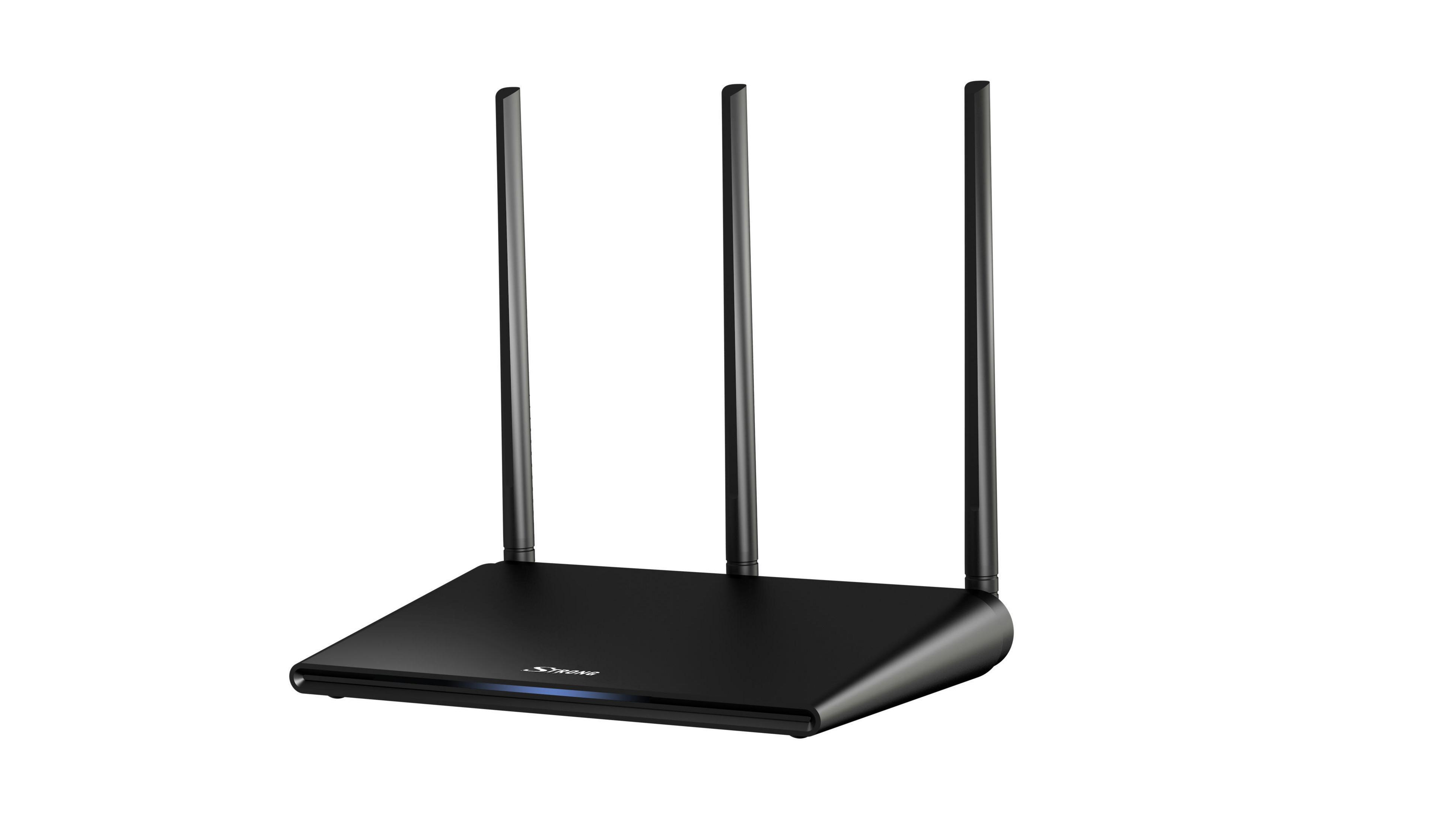 Czarny router wifi z trzema antenami. Na białym tle.