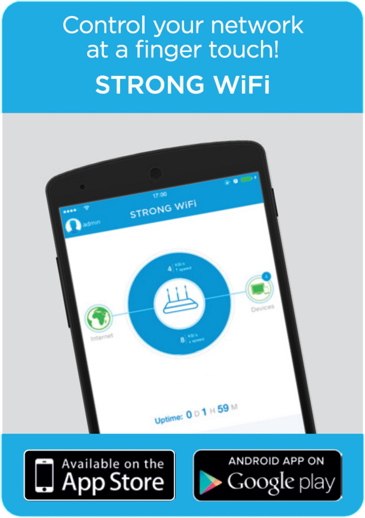 Ekran telefonu z aplikacją Strong Wifi. Tekst: Kontroluj swoją sieć jednym dotknięciem! Strong Wifi.